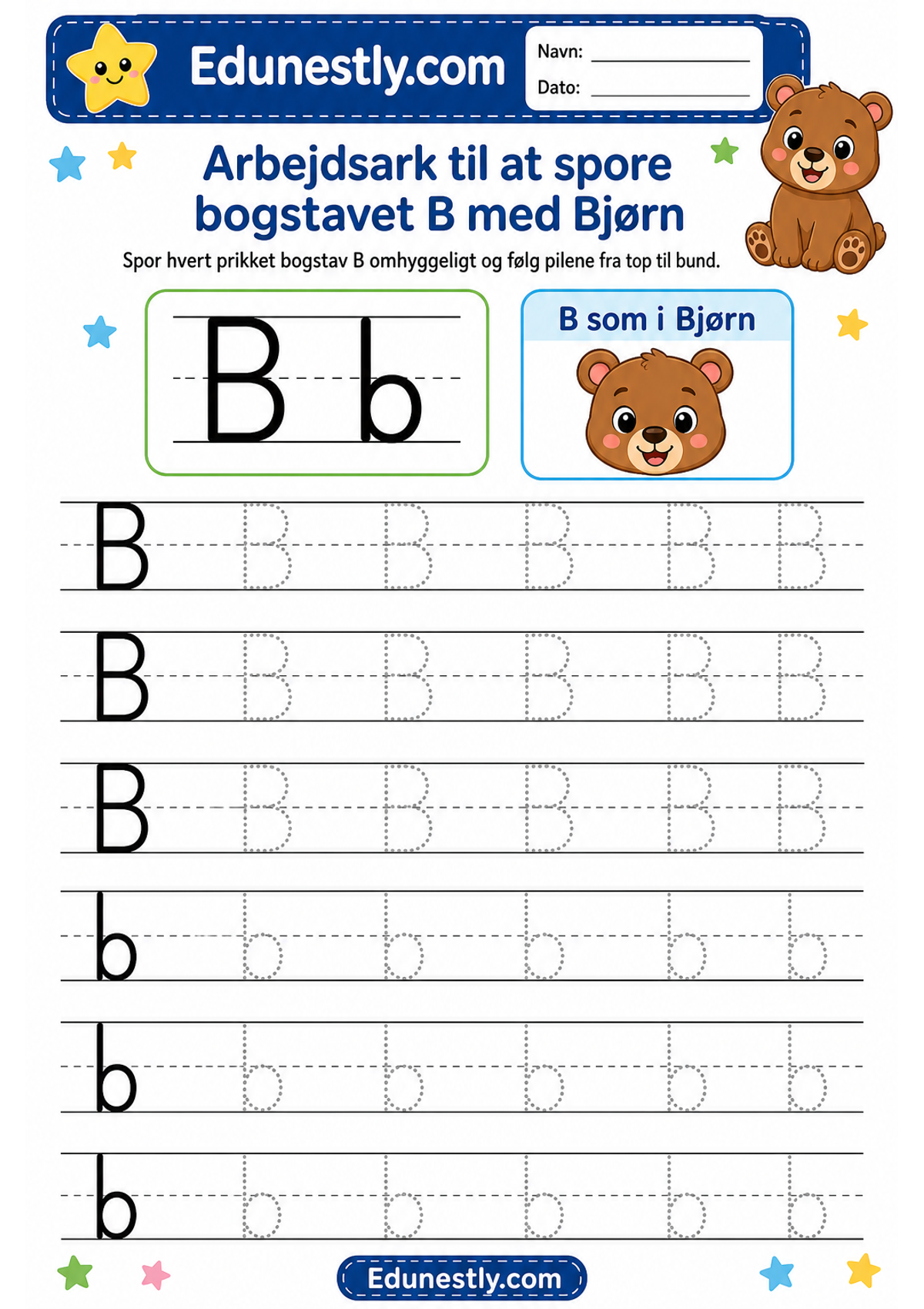 Arbejdsark til at spore bogstavet B med Bjørn