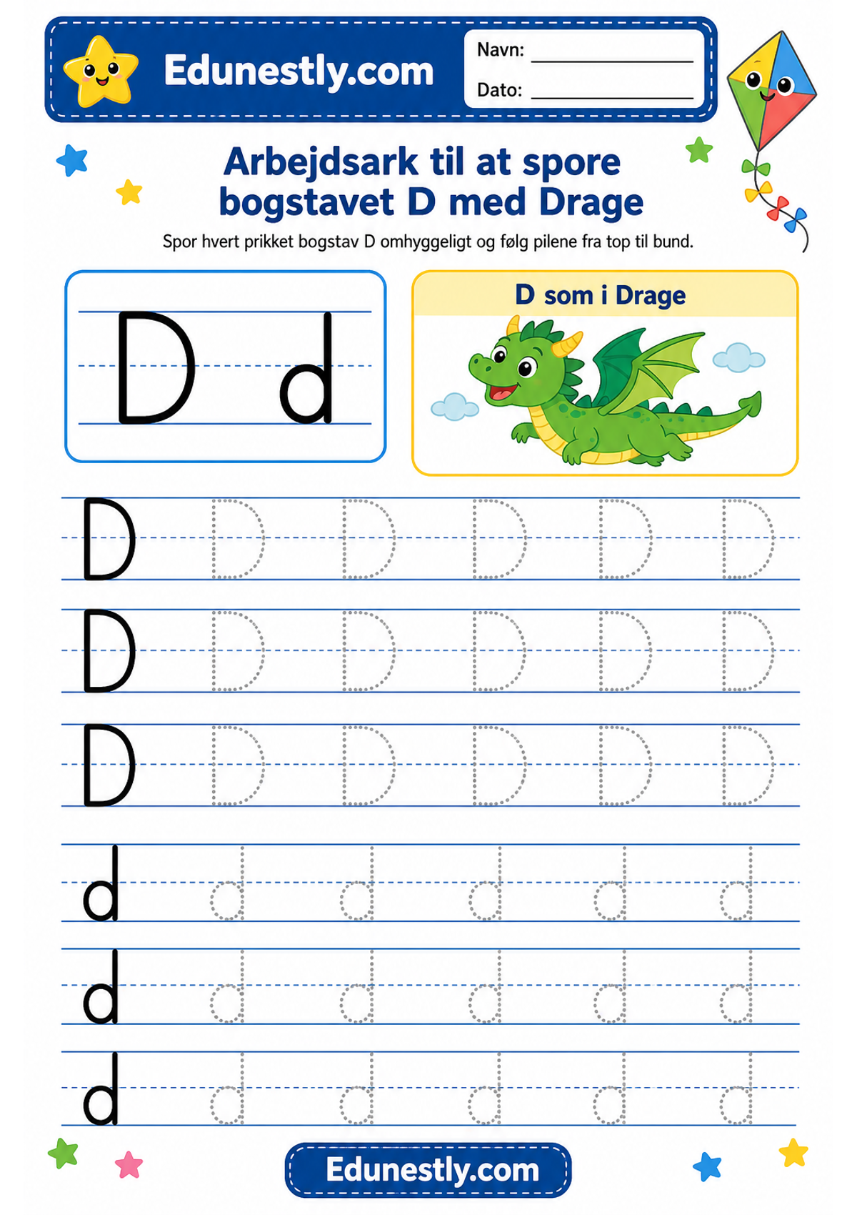 Arbejdsark til at spore bogstavet D med Drage
