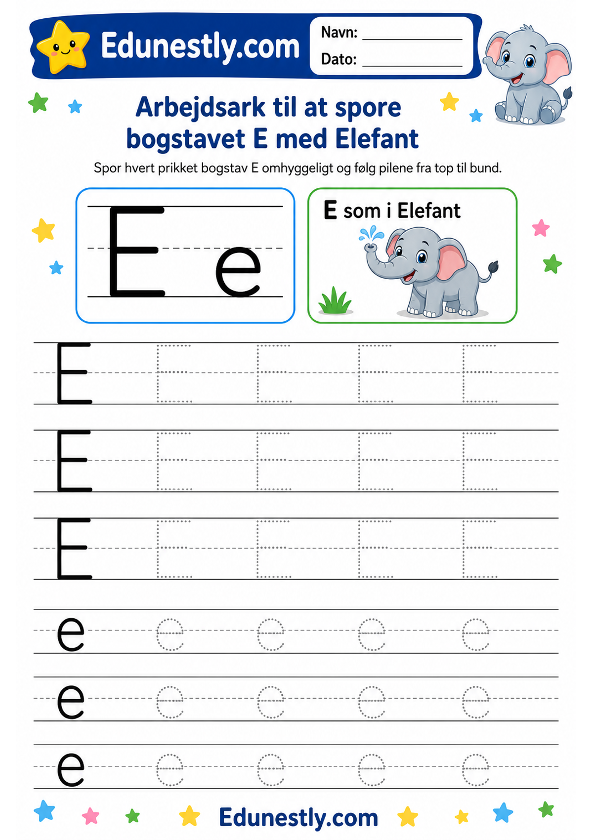 Arbejdsark til at spore bogstavet E med Elefant