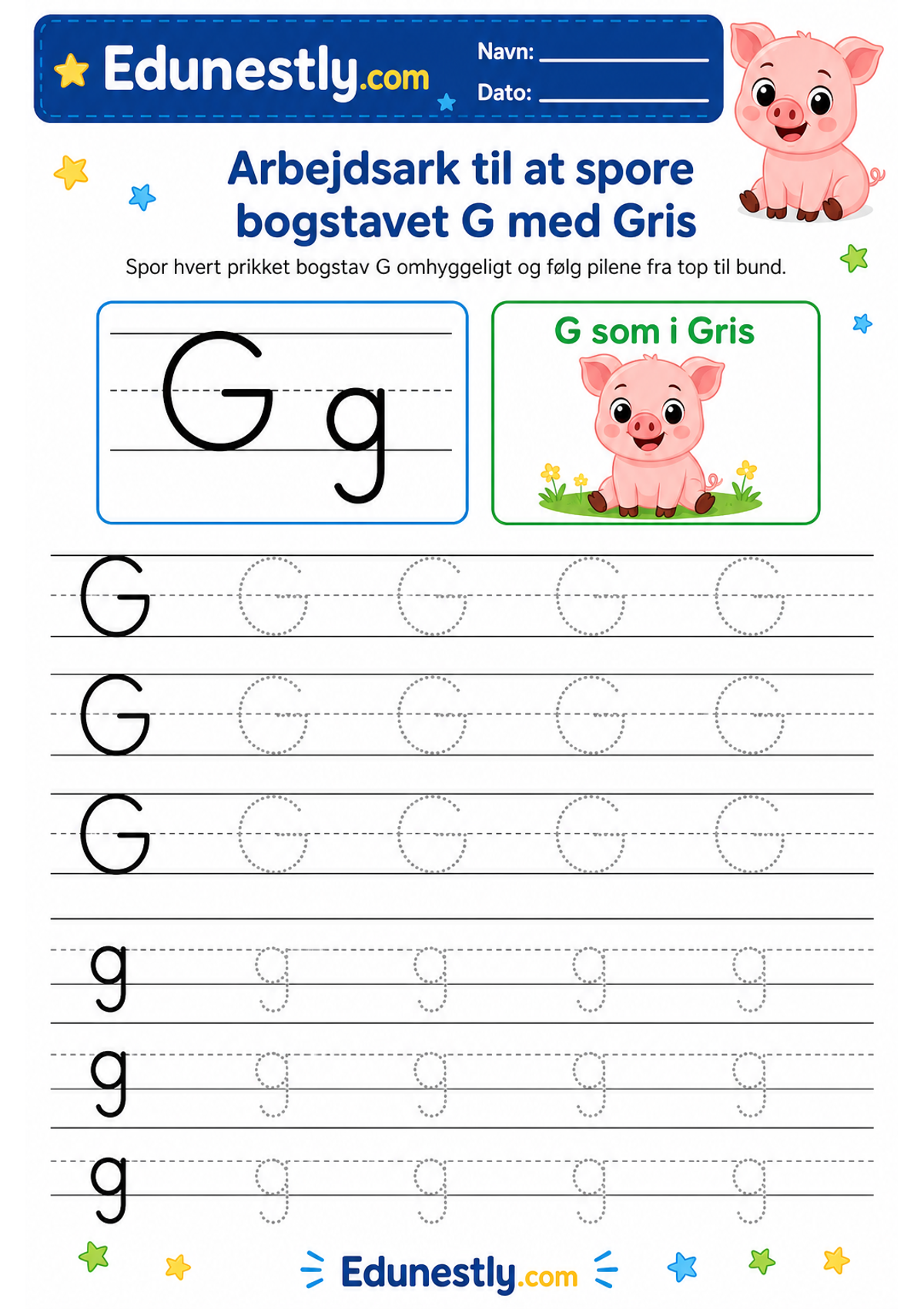 Arbejdsark til at spore bogstavet G med Gris