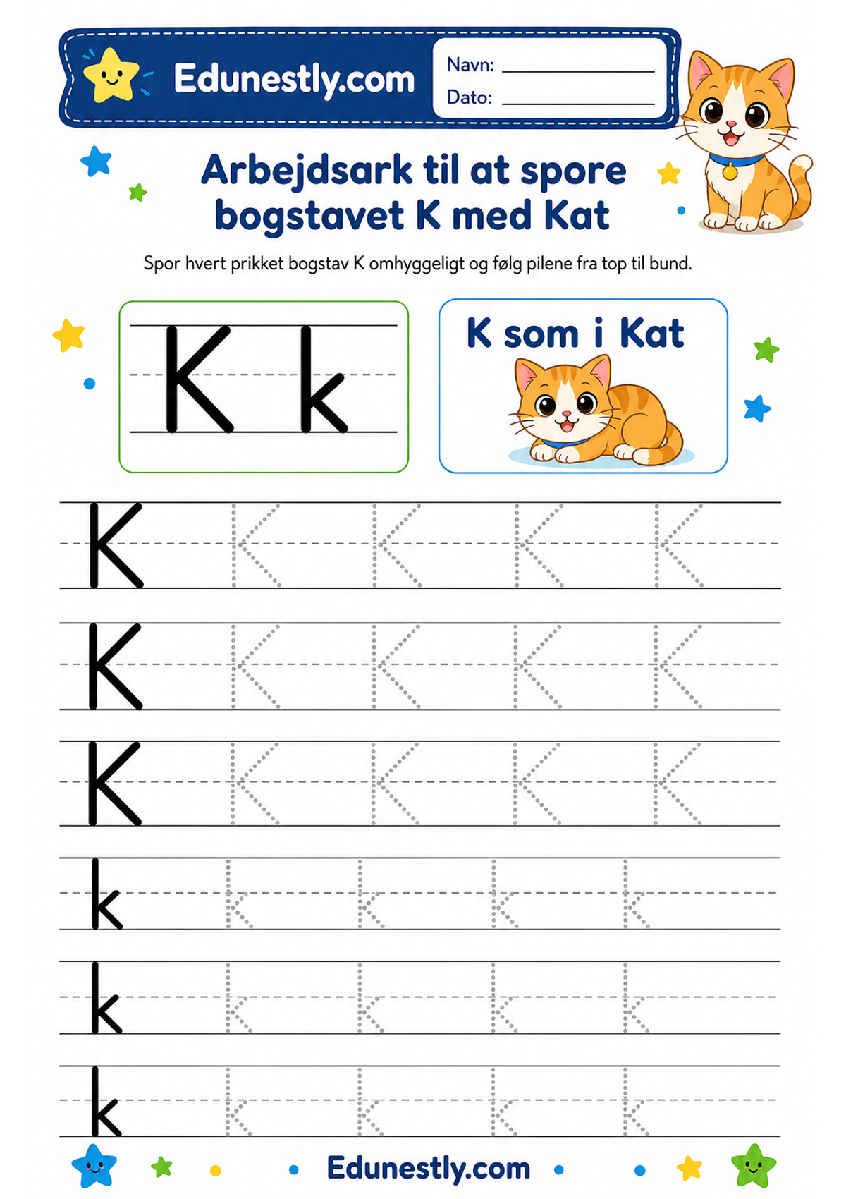 Arbejdsark til at spore bogstavet K med Kat