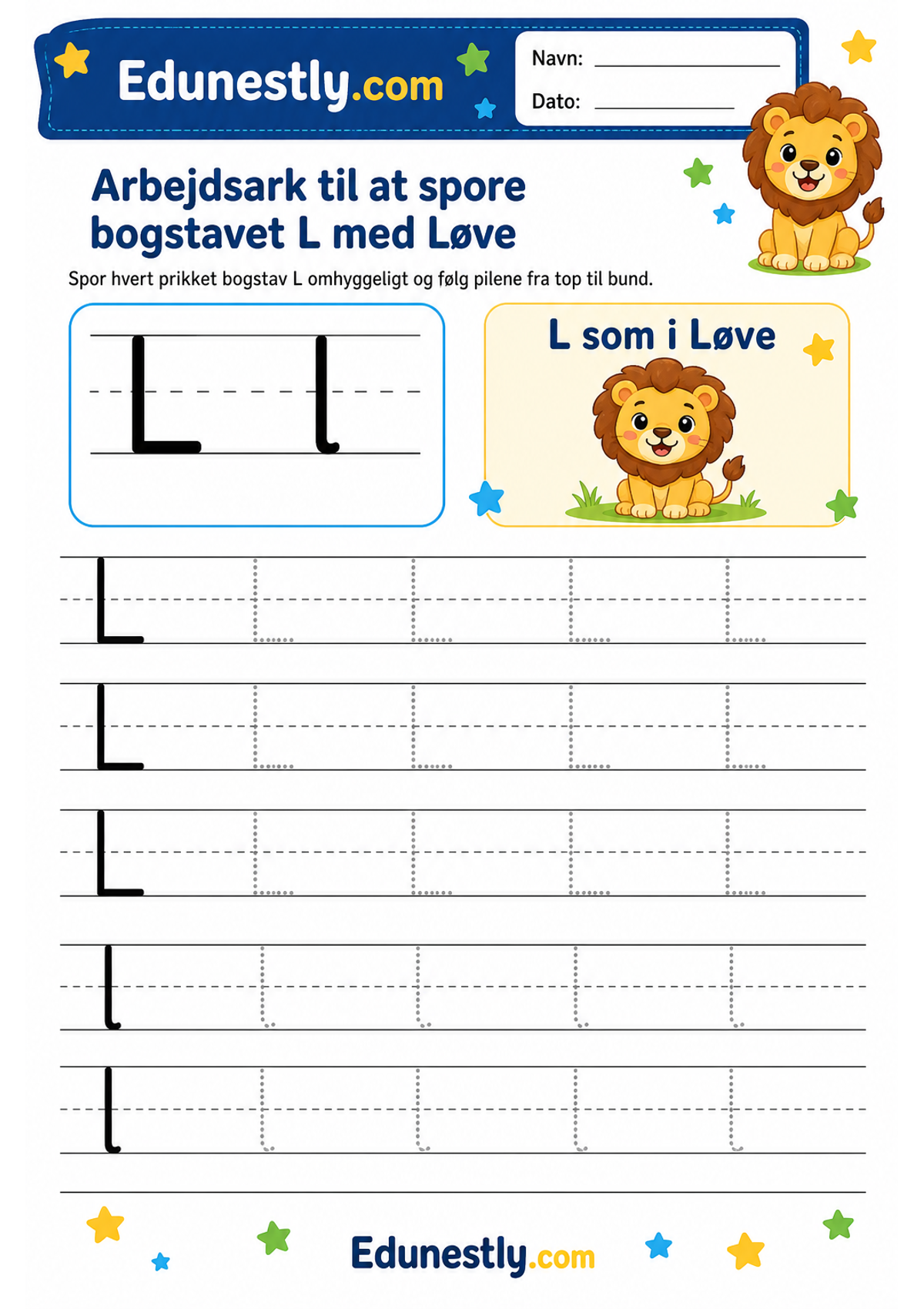 Arbejdsark til at spore bogstavet L med Løve
