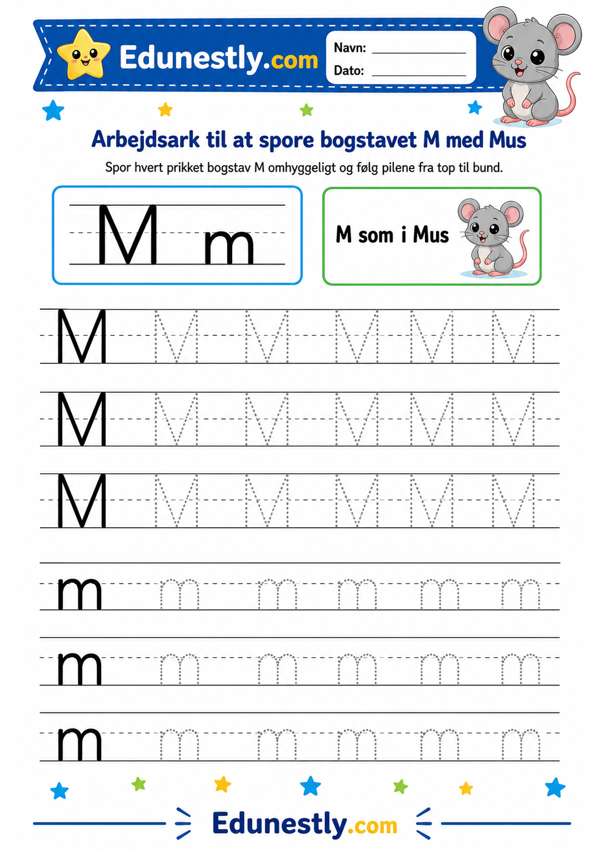 Arbejdsark til at spore bogstavet M med Mus