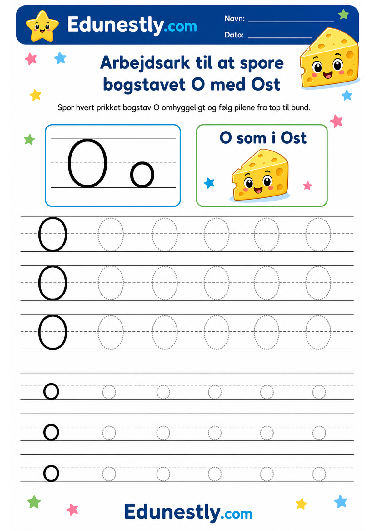 Arbejdsark til at spore bogstavet O med Ost