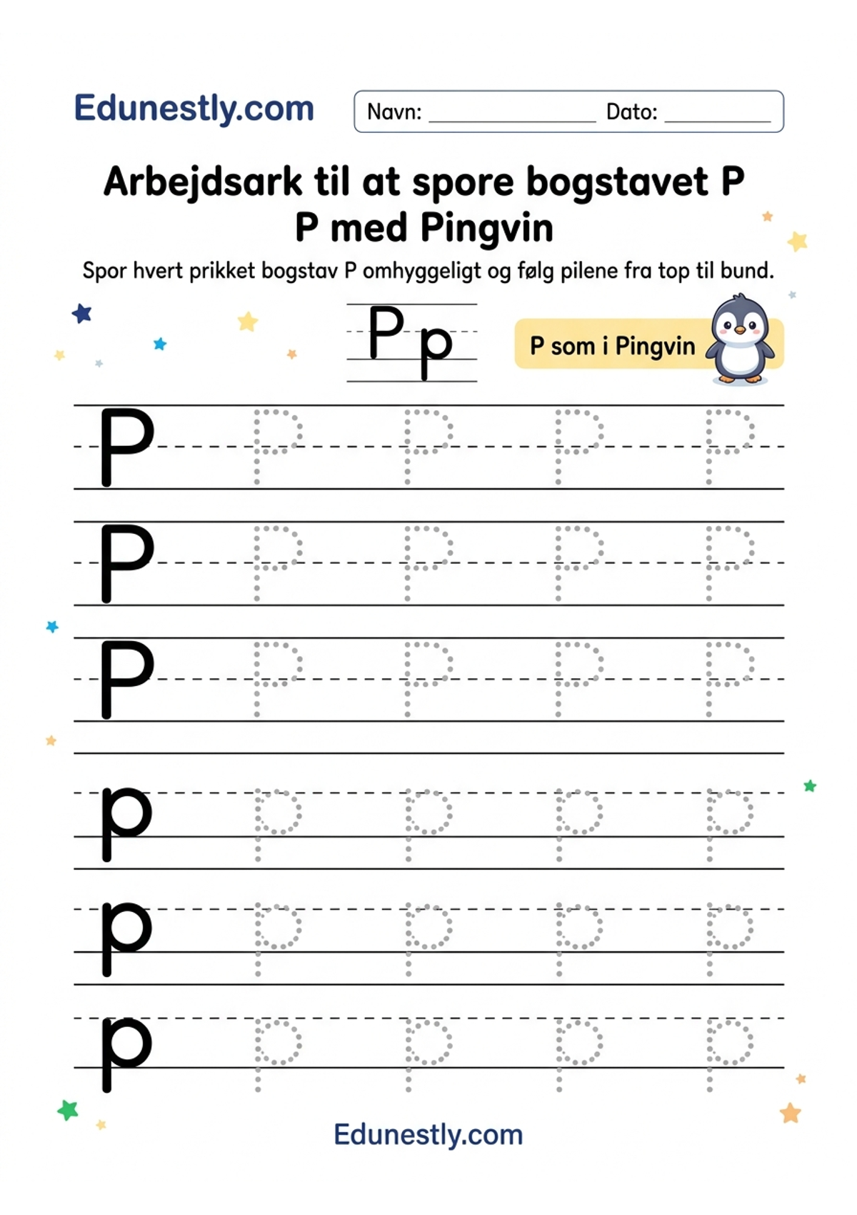 Arbejdsark til at spore bogstavet P med Pingvin