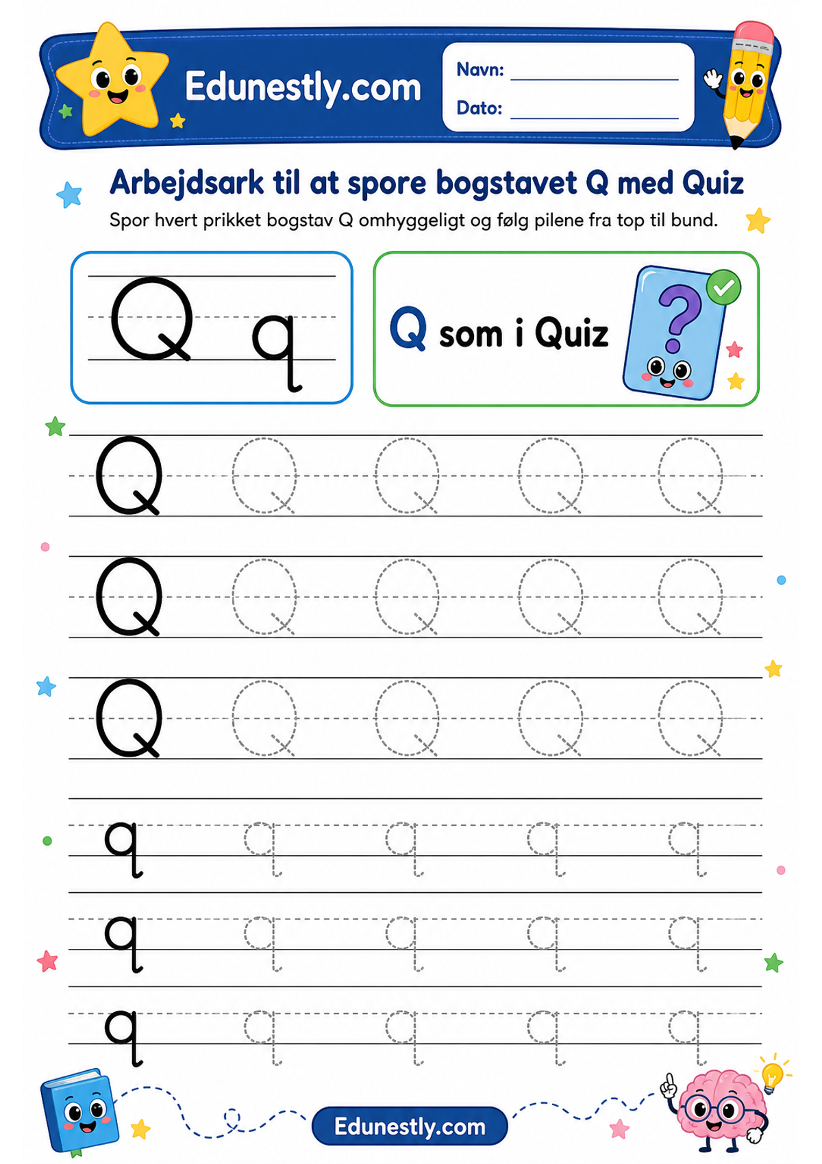 Arbejdsark til at spore bogstavet Q med Quiz