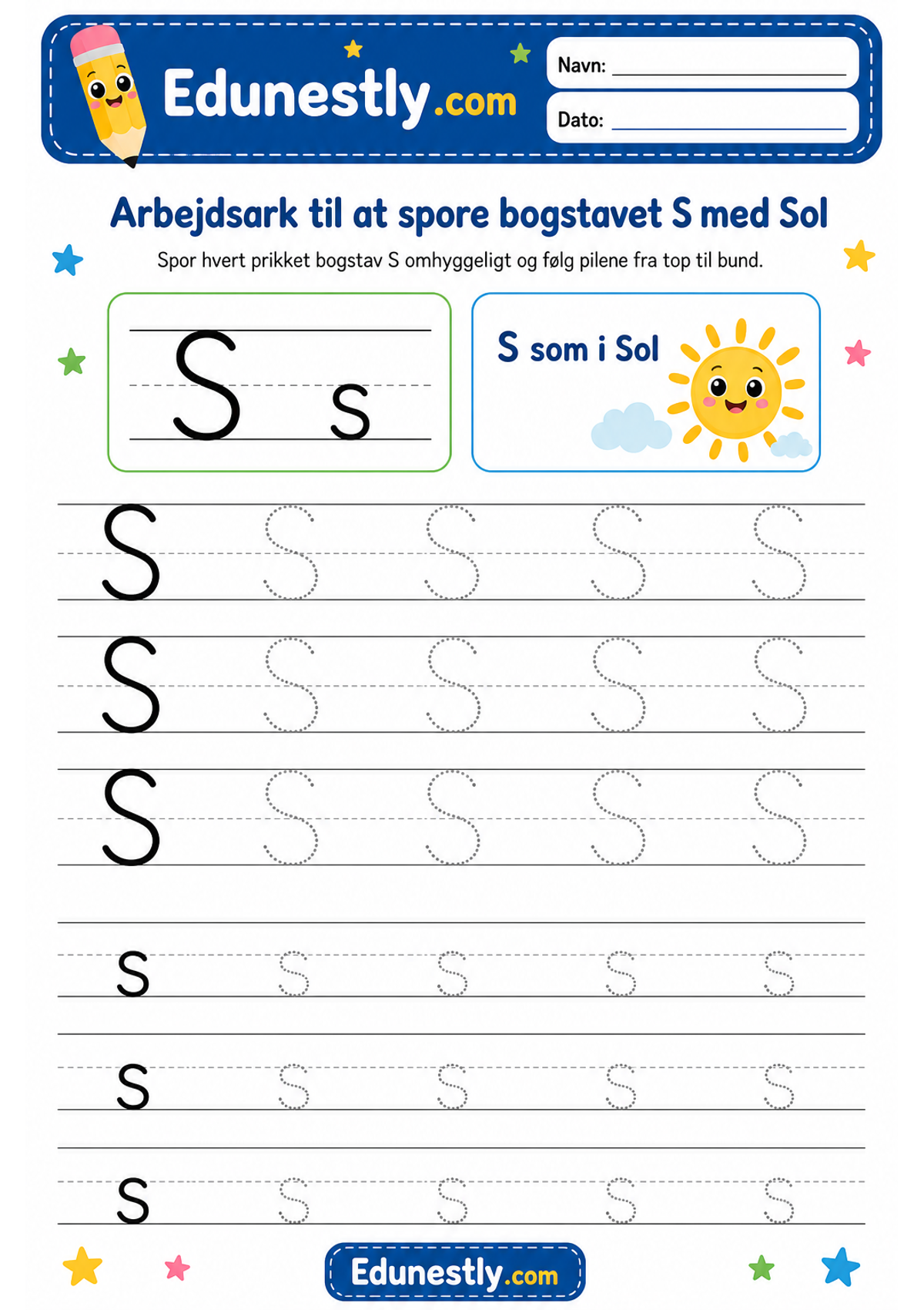 Arbejdsark til at spore bogstavet S med Sol