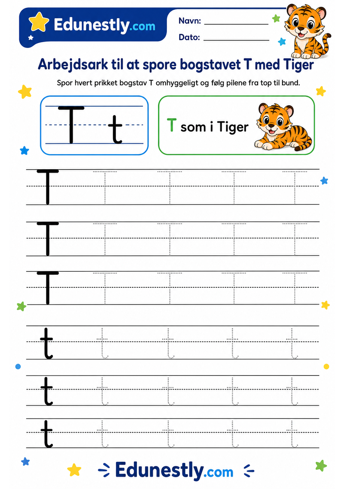 Arbejdsark til at spore bogstavet T med Tiger