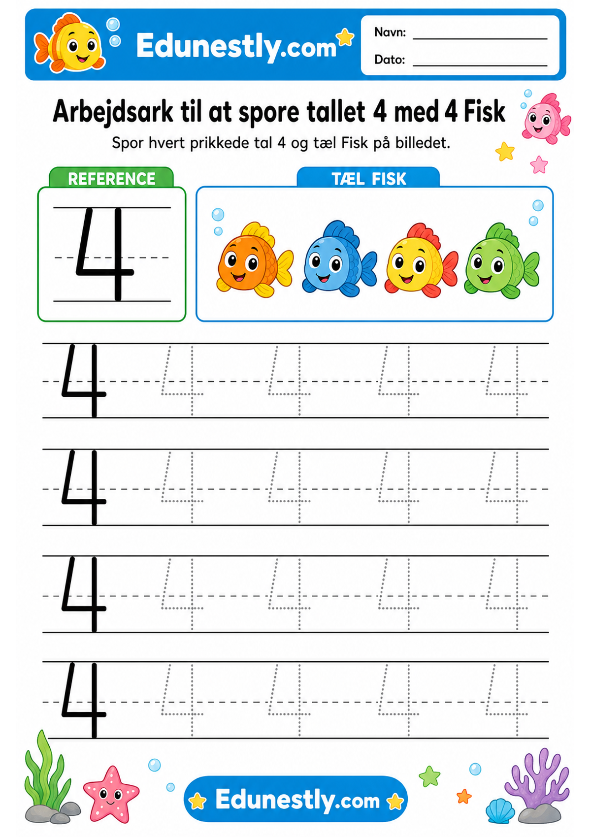 Arbejdsark til at spore tallet 4 med 4 Fisk
