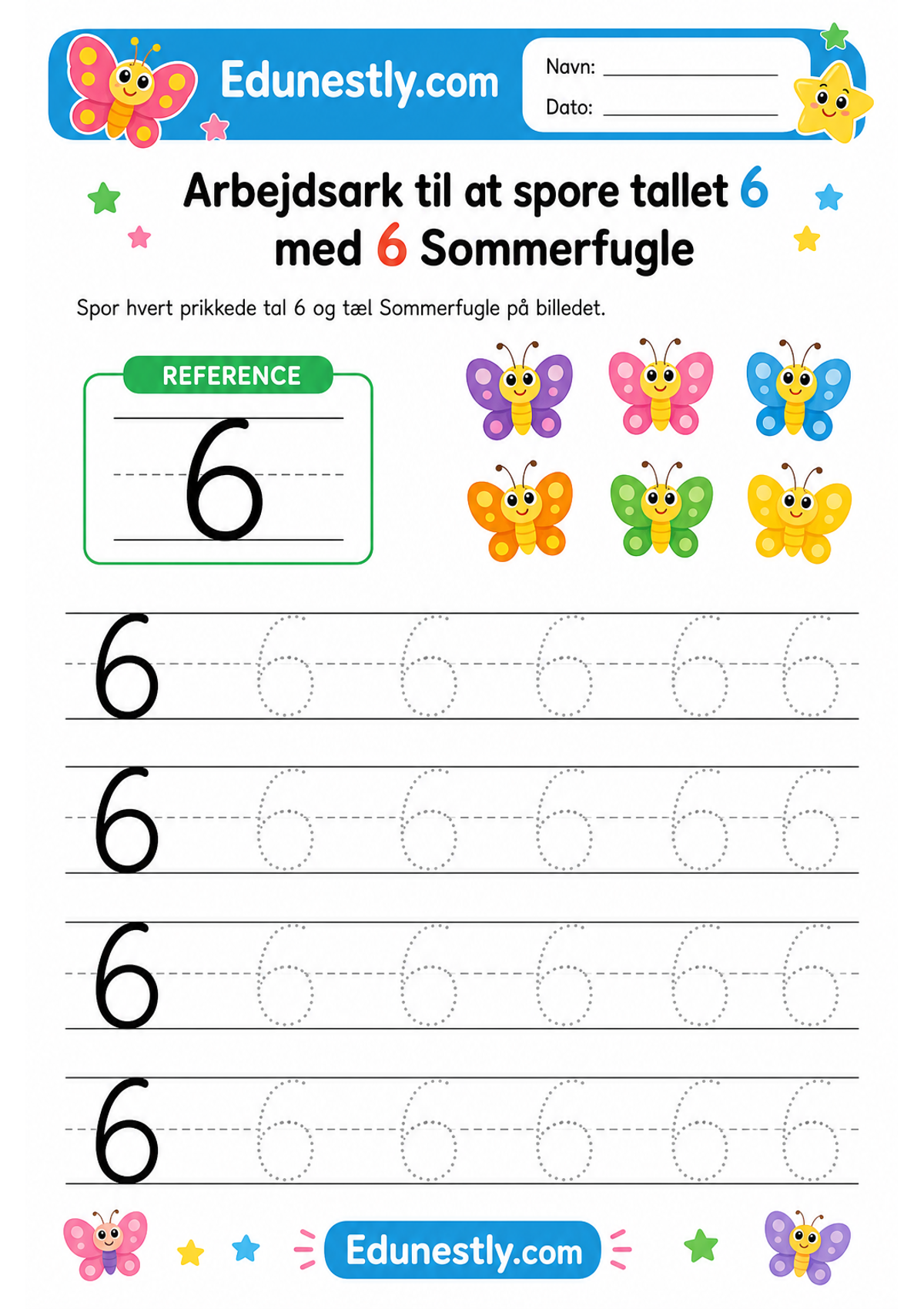 Arbejdsark til at spore tallet 6 med 6 Sommerfugle