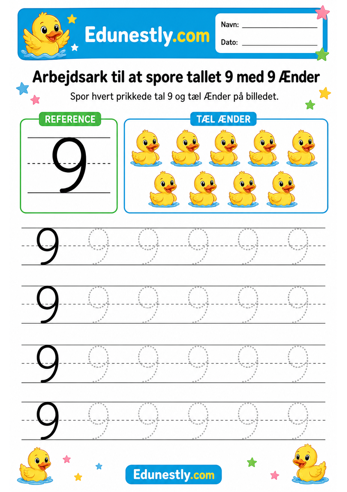 Arbejdsark til at spore tallet 9 med 9 Ænder