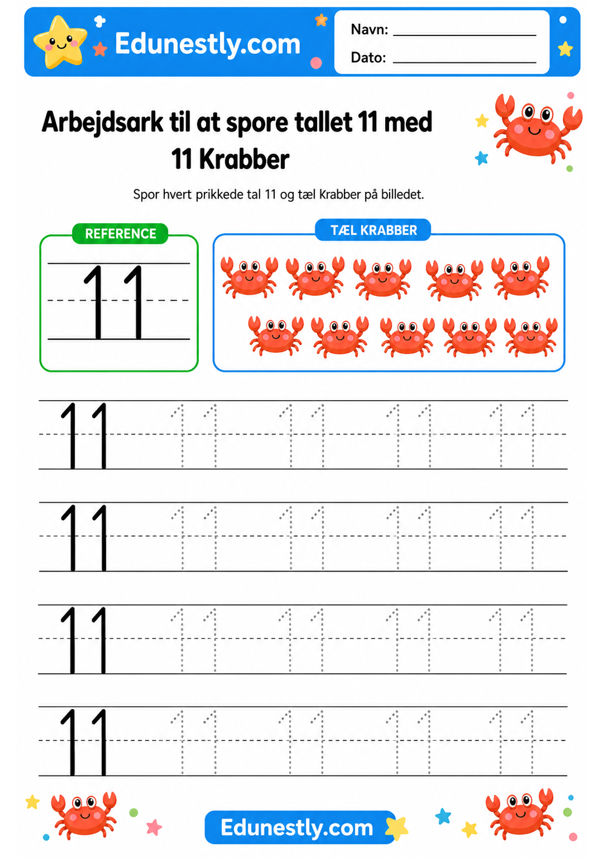 Arbejdsark til at spore tallet 11 med 11 Krabber
