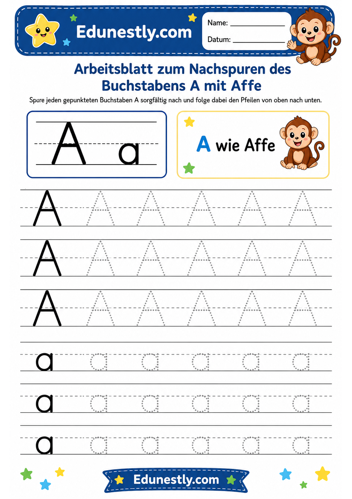 Arbeitsblatt zum Nachspuren des Buchstabens A mit Affe