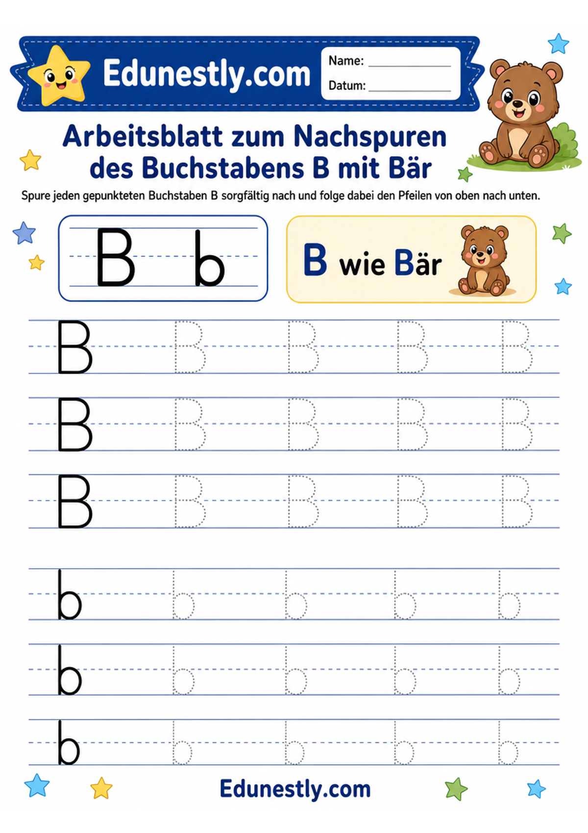 Arbeitsblatt zum Nachspuren des Buchstabens B mit Bär