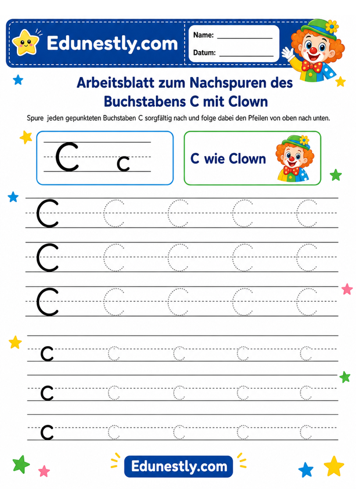 Arbeitsblatt zum Nachspuren des Buchstabens C mit Clown