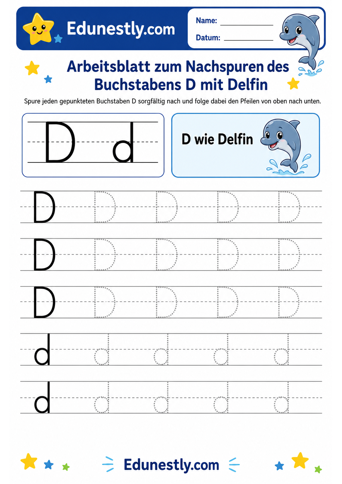 Arbeitsblatt zum Nachspuren des Buchstabens D mit Delfin