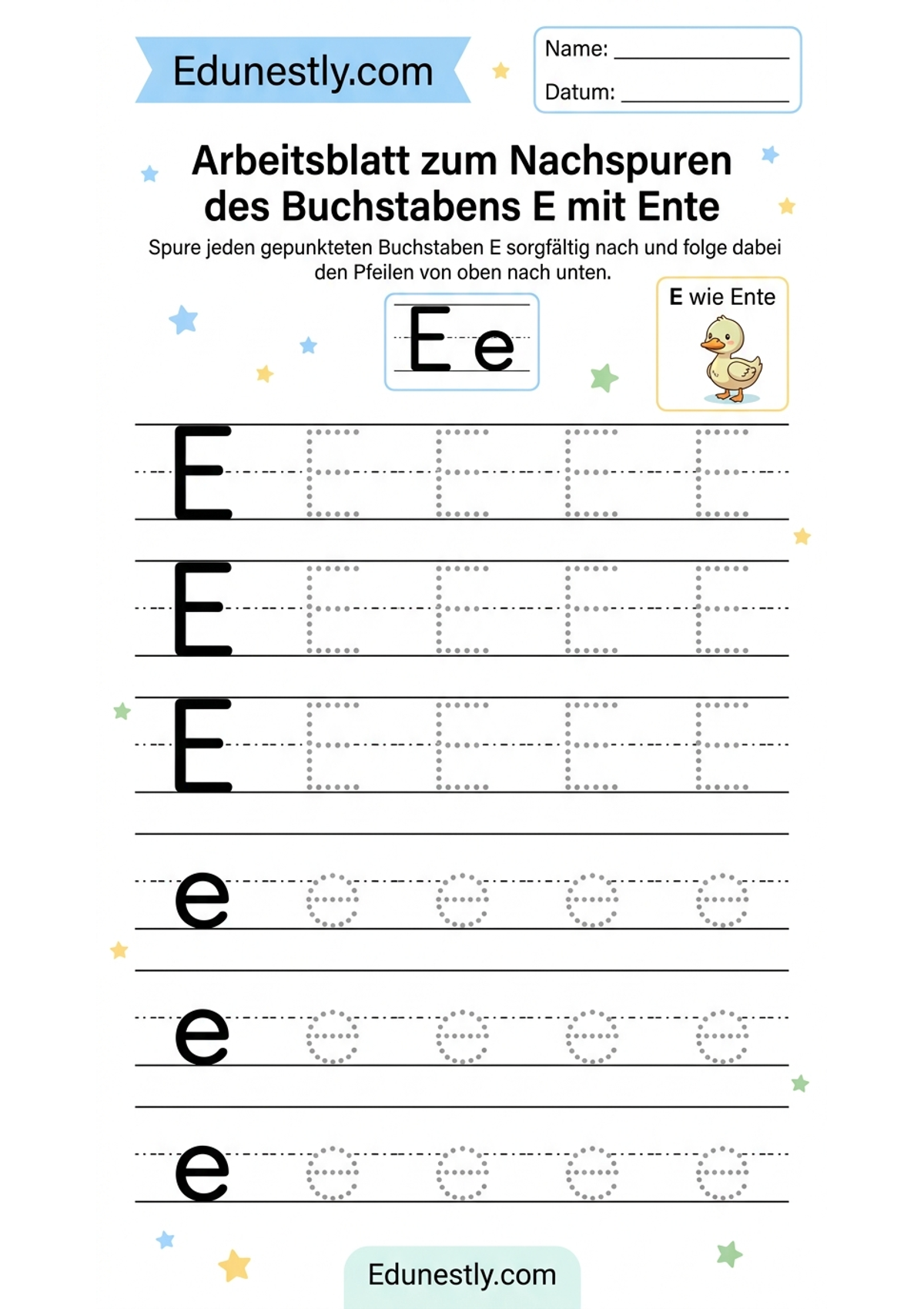 Arbeitsblatt zum Nachspuren des Buchstabens E mit Ente