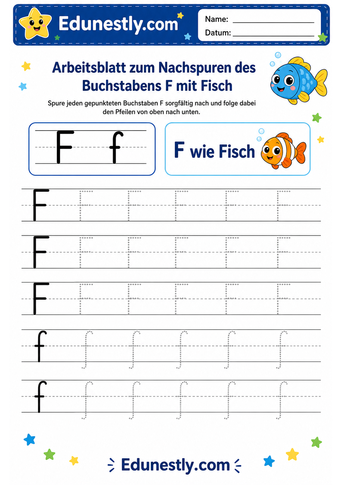 Arbeitsblatt zum Nachspuren des Buchstabens F mit Fisch