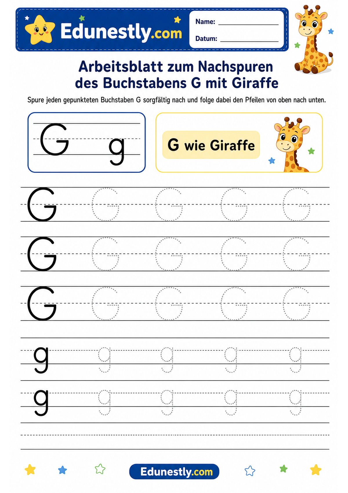 Arbeitsblatt zum Nachspuren des Buchstabens G mit Giraffe