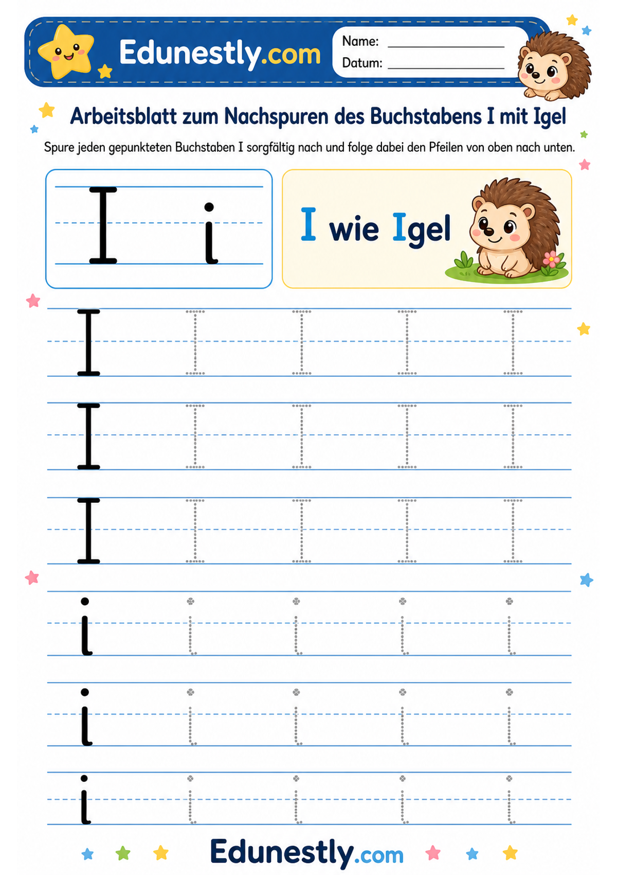 Arbeitsblatt zum Nachspuren des Buchstabens I mit Igel