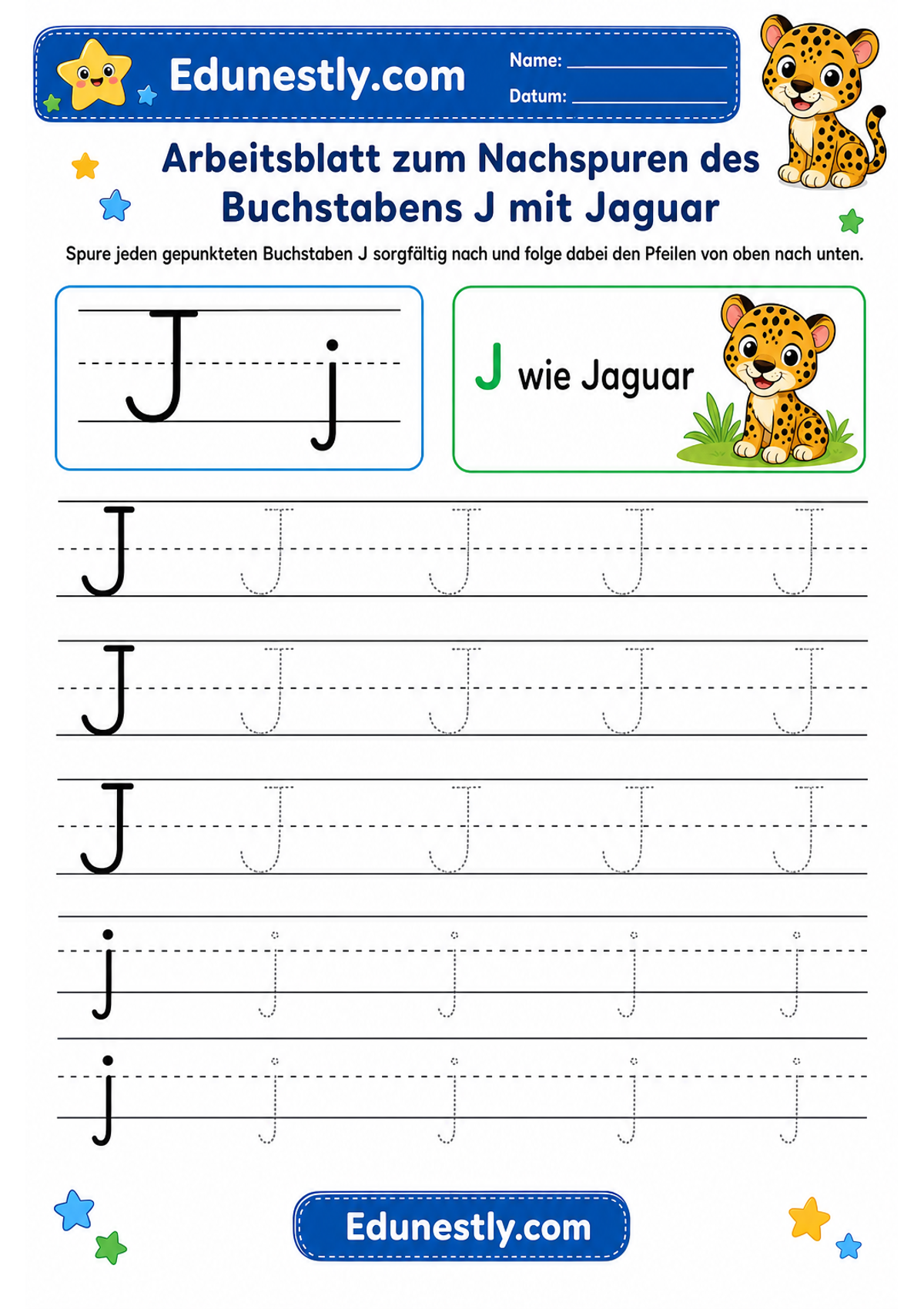 Arbeitsblatt zum Nachspuren des Buchstabens J mit Jaguar