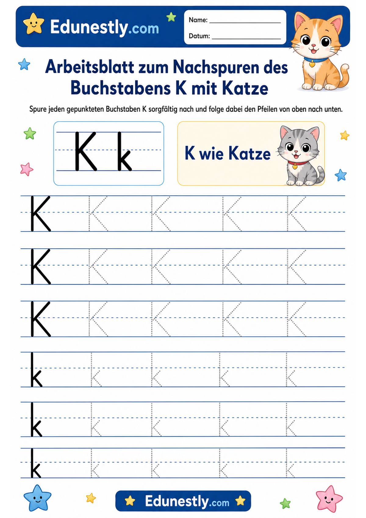 Arbeitsblatt zum Nachspuren des Buchstabens K mit Katze