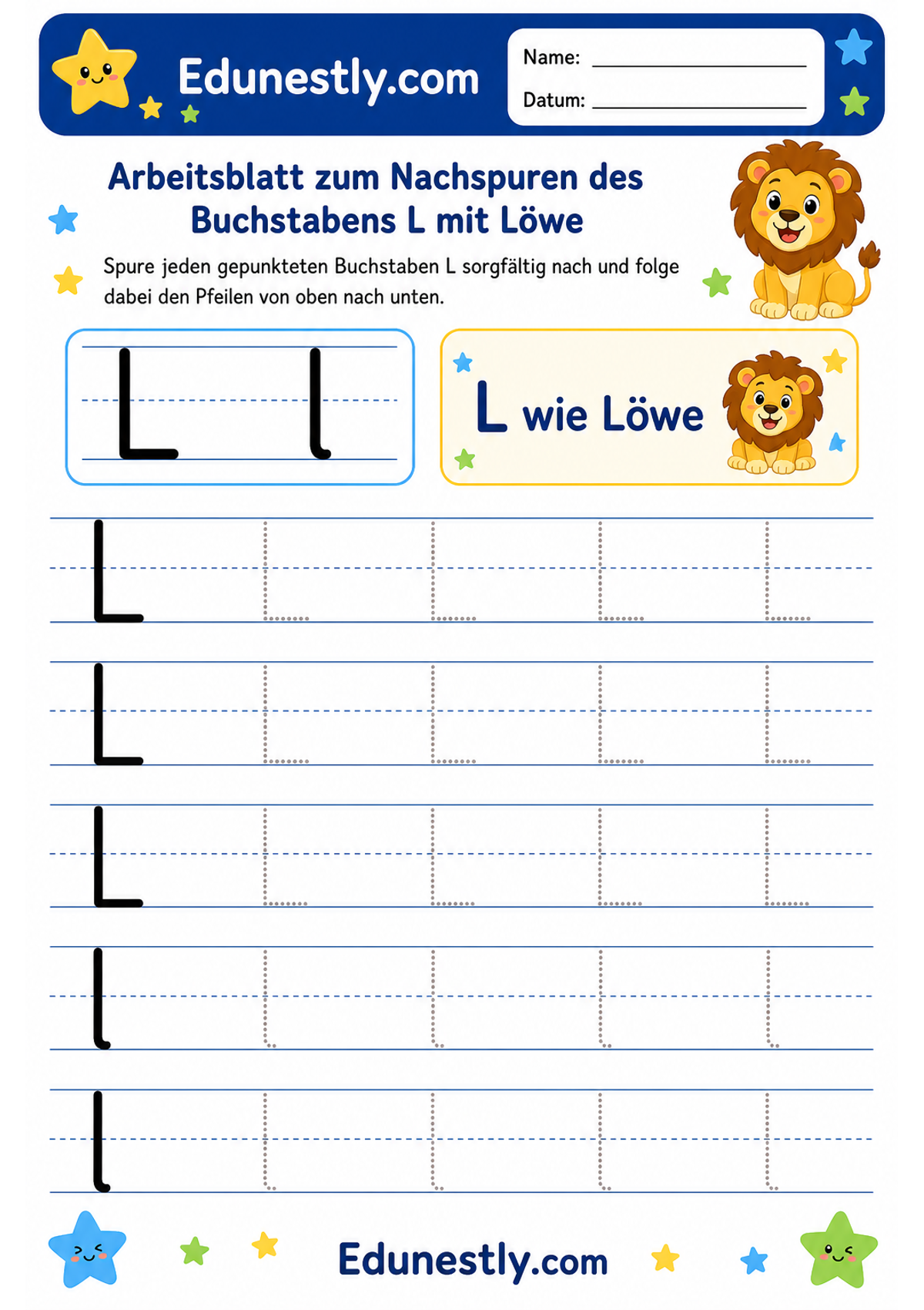 Arbeitsblatt zum Nachspuren des Buchstabens L mit Löwe