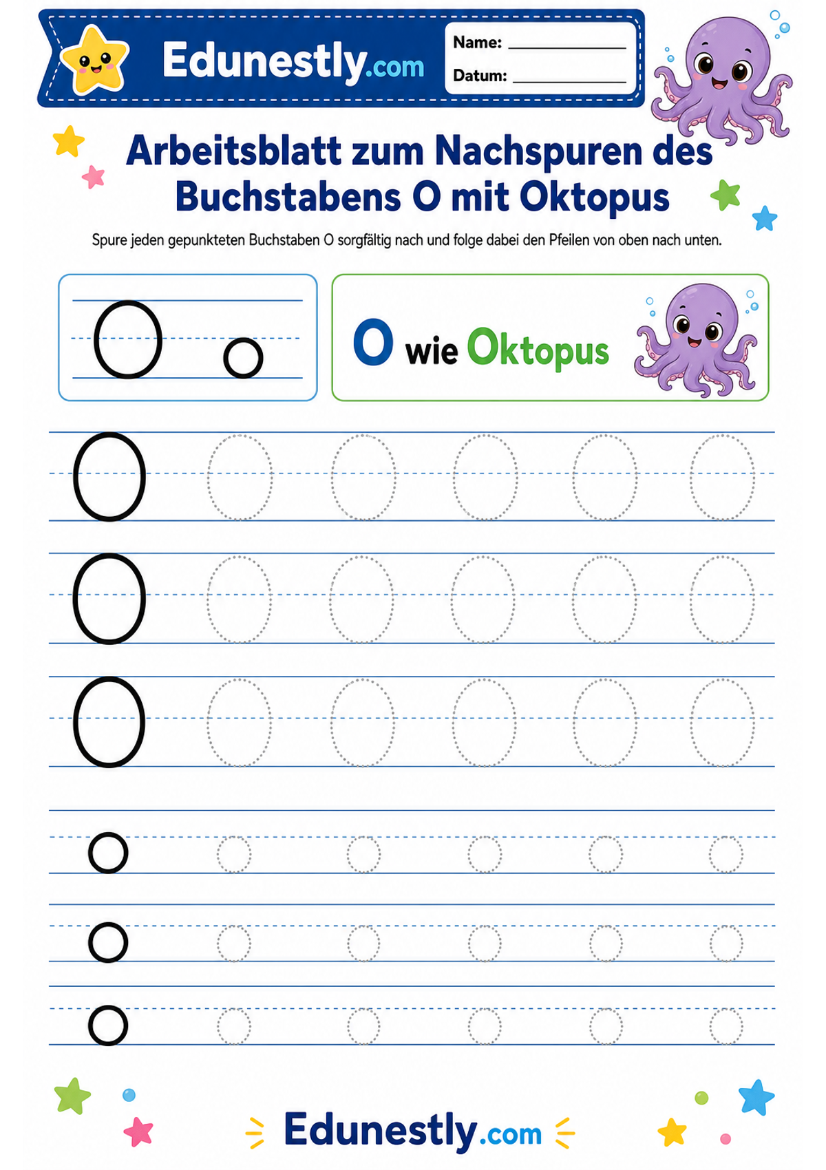 Arbeitsblatt zum Nachspuren des Buchstabens O mit Oktopus