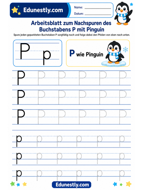 Arbeitsblatt zum Nachspuren des Buchstabens P mit Pinguin