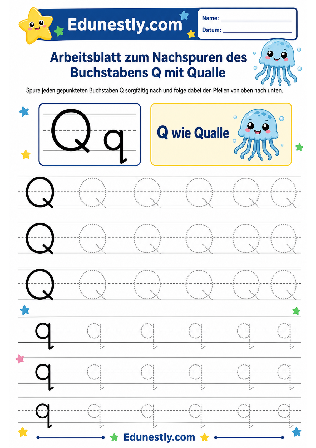 Arbeitsblatt zum Nachspuren des Buchstabens Q mit Qualle