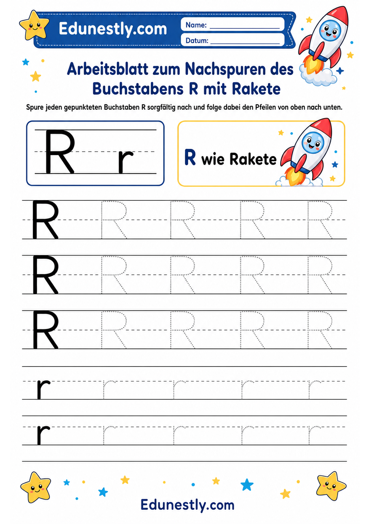 Arbeitsblatt zum Nachspuren des Buchstabens R mit Rakete