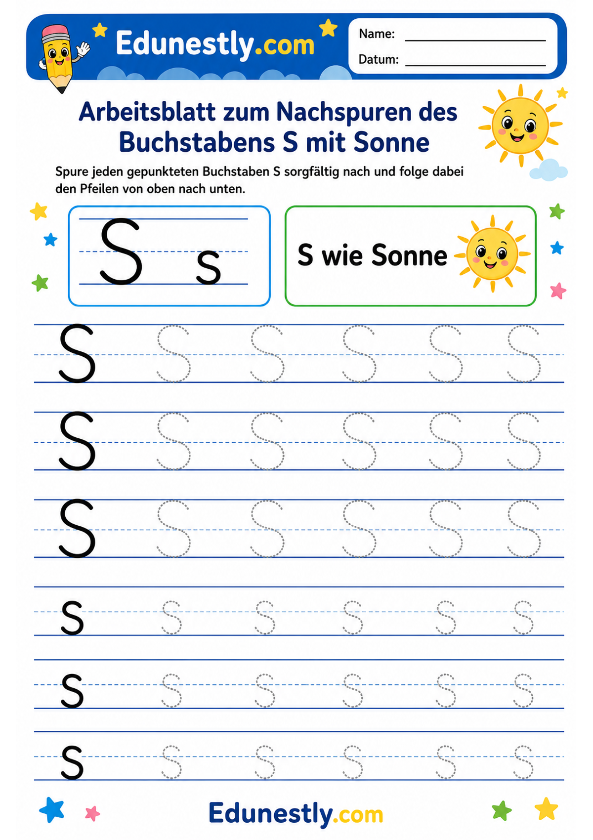 Arbeitsblatt zum Nachspuren des Buchstabens S mit Sonne