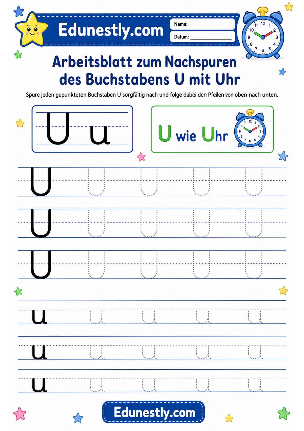 Arbeitsblatt zum Nachspuren des Buchstabens U mit Uhr