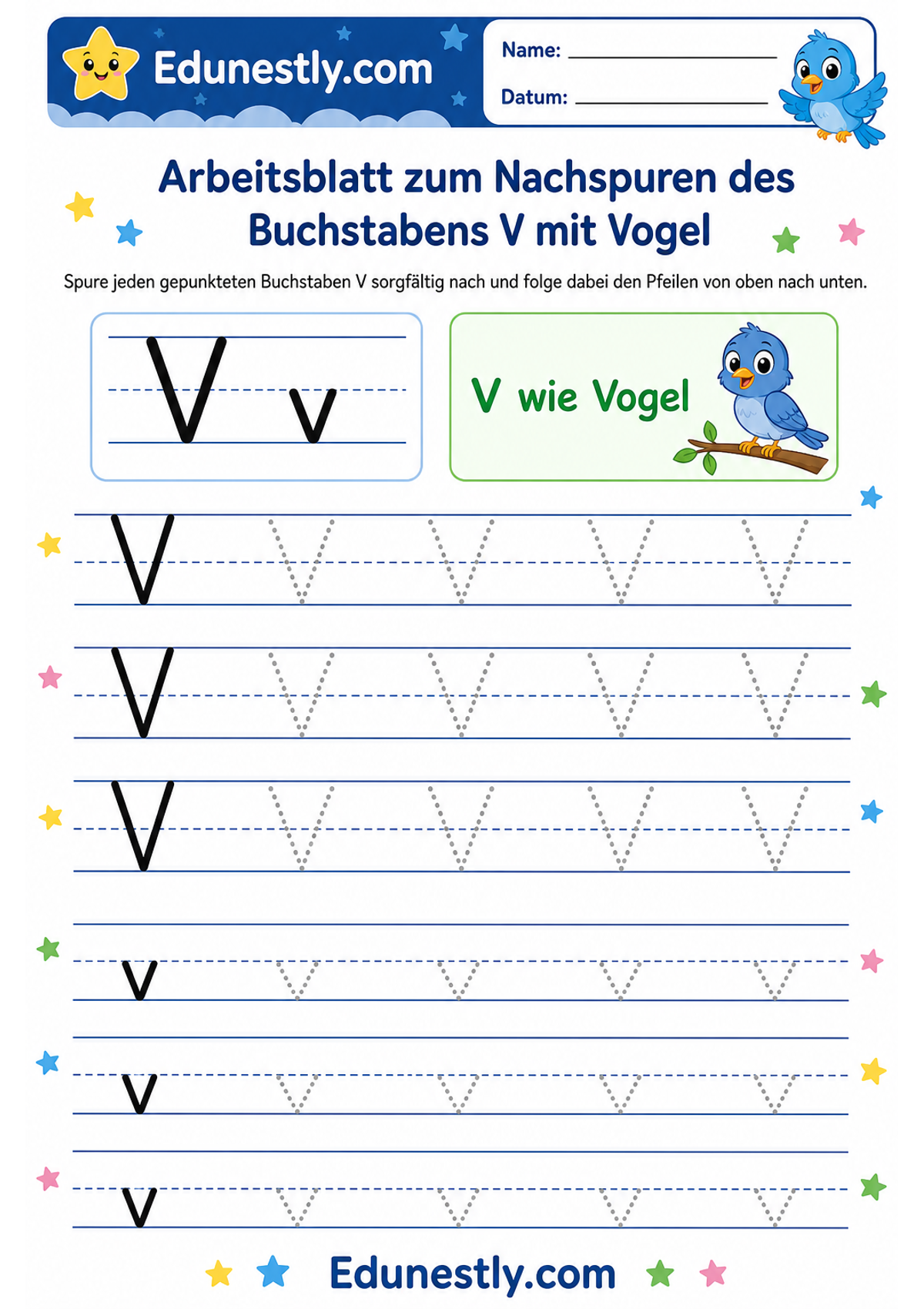 Arbeitsblatt zum Nachspuren des Buchstabens V mit Vogel
