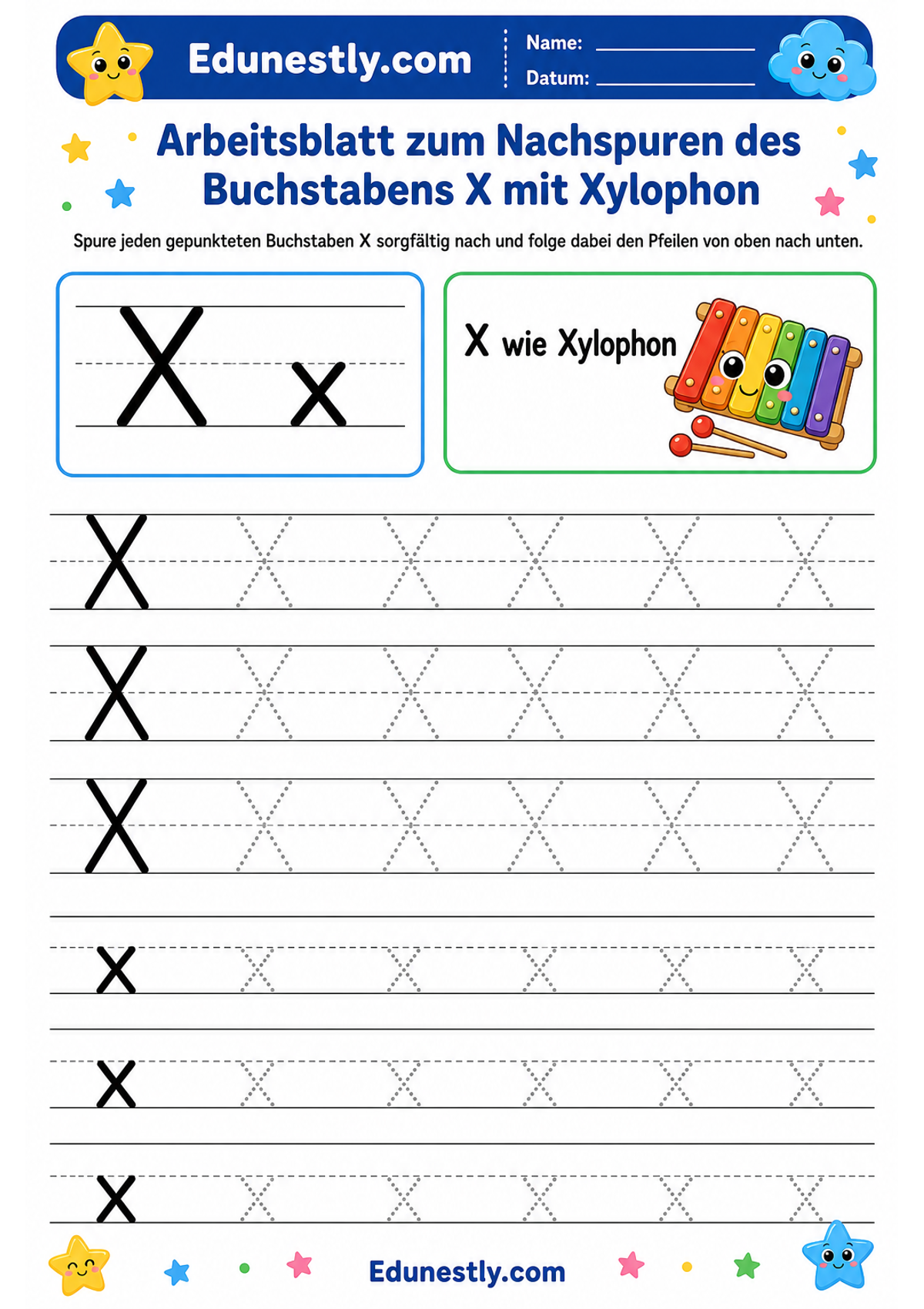 Arbeitsblatt zum Nachspuren des Buchstabens X mit Xylophon