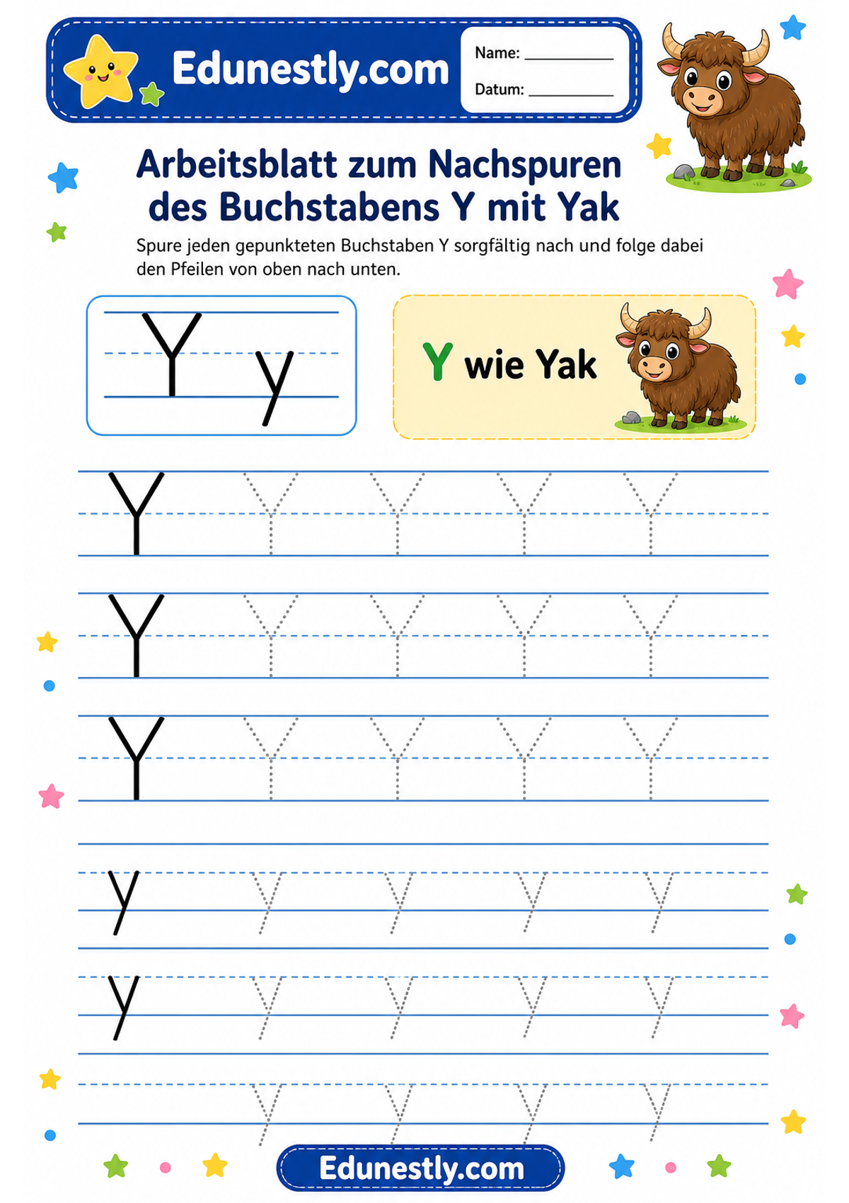 Arbeitsblatt zum Nachspuren des Buchstabens Y mit Yak