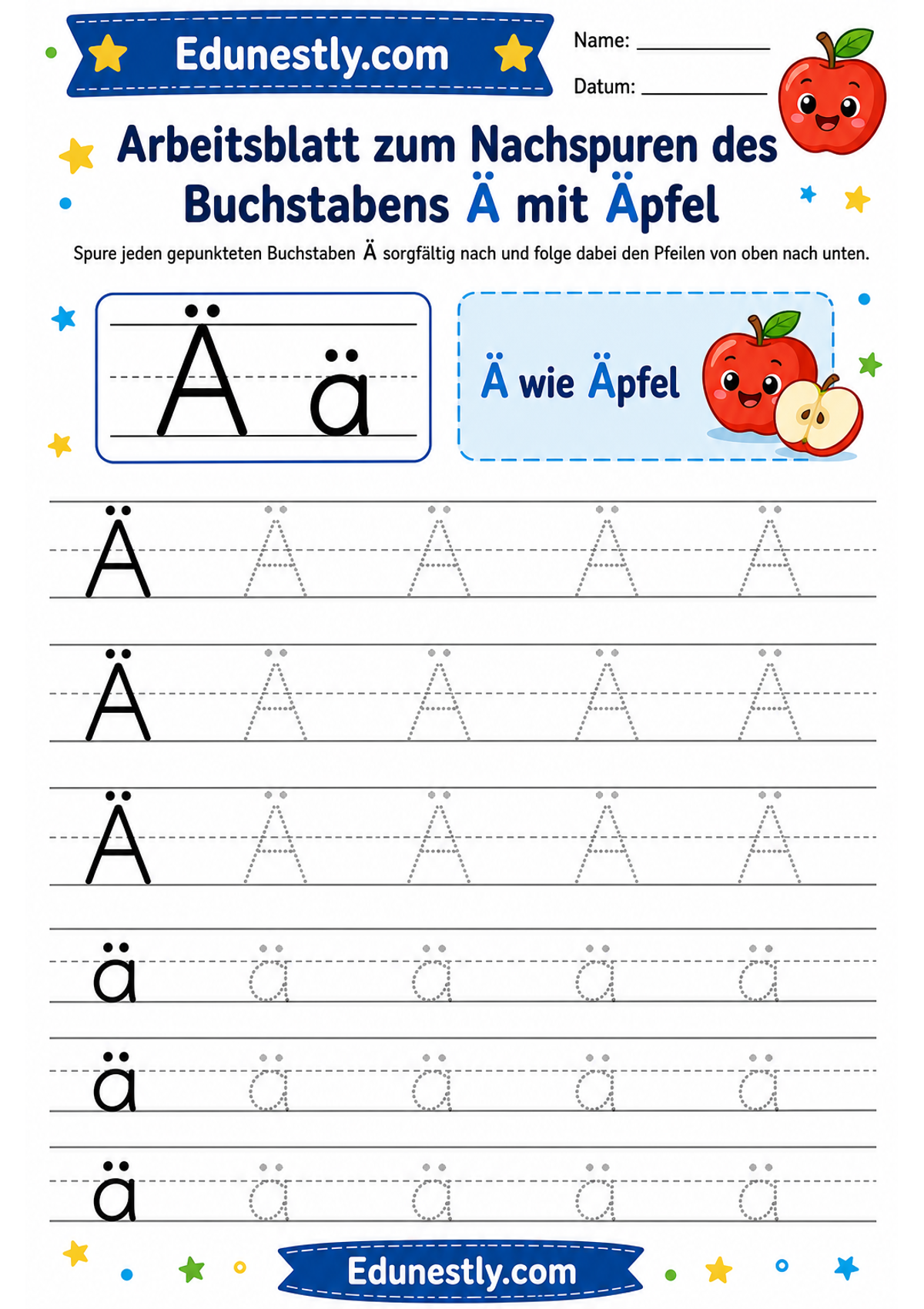 Arbeitsblatt zum Nachspuren des Buchstabens Ä mit Äpfel