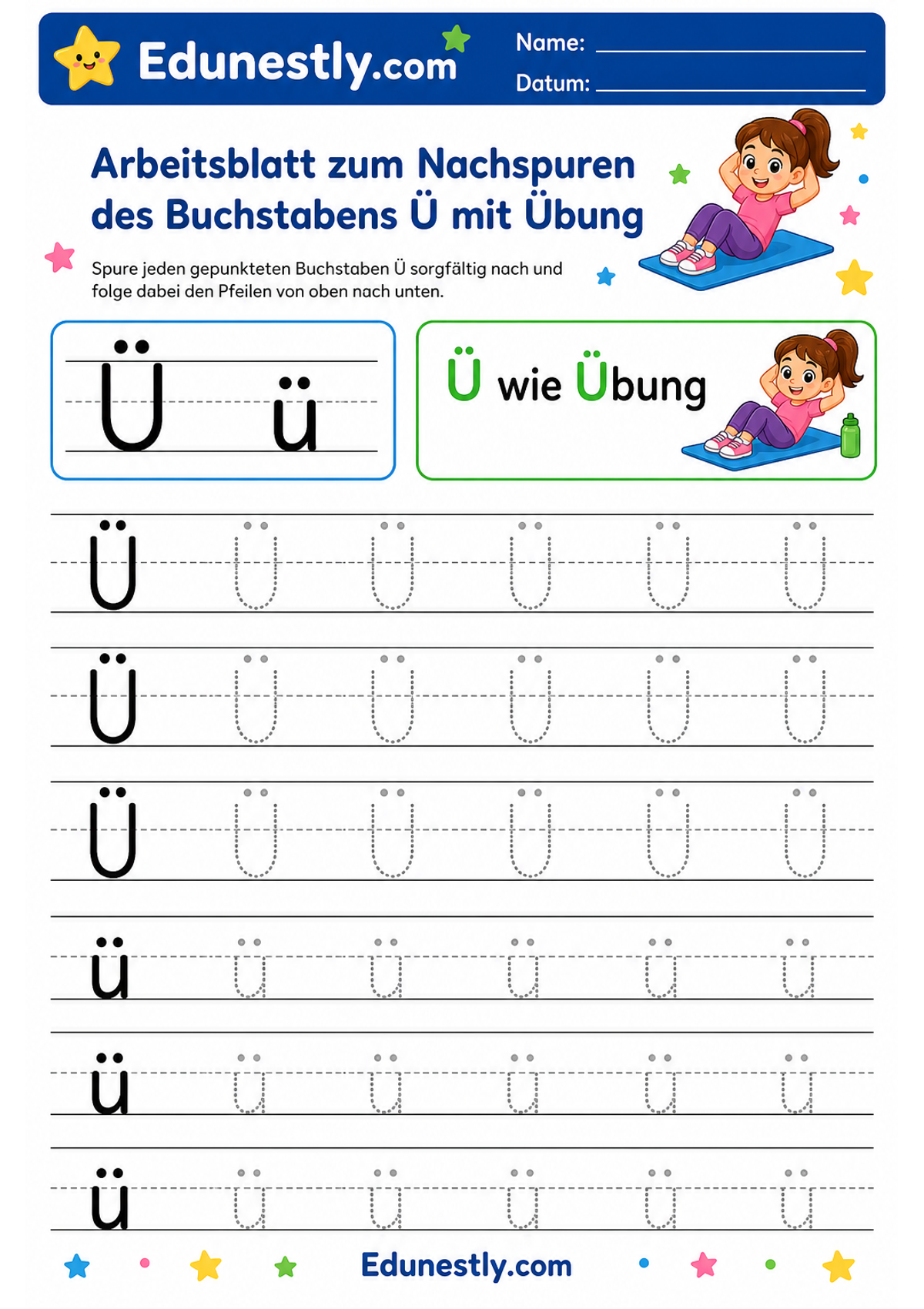 Arbeitsblatt zum Nachspuren des Buchstabens Ü mit Übung