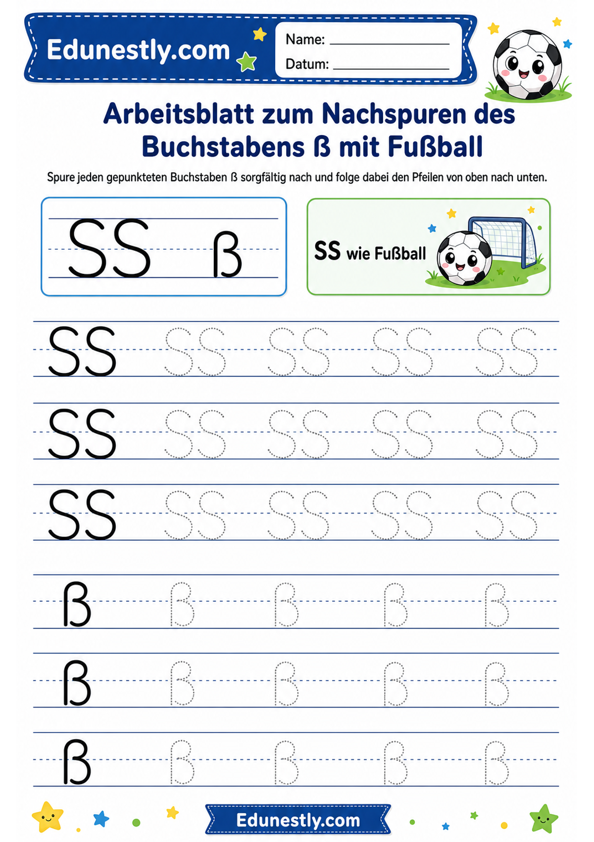 Arbeitsblatt zum Nachspuren des Buchstabens ß mit Fußball