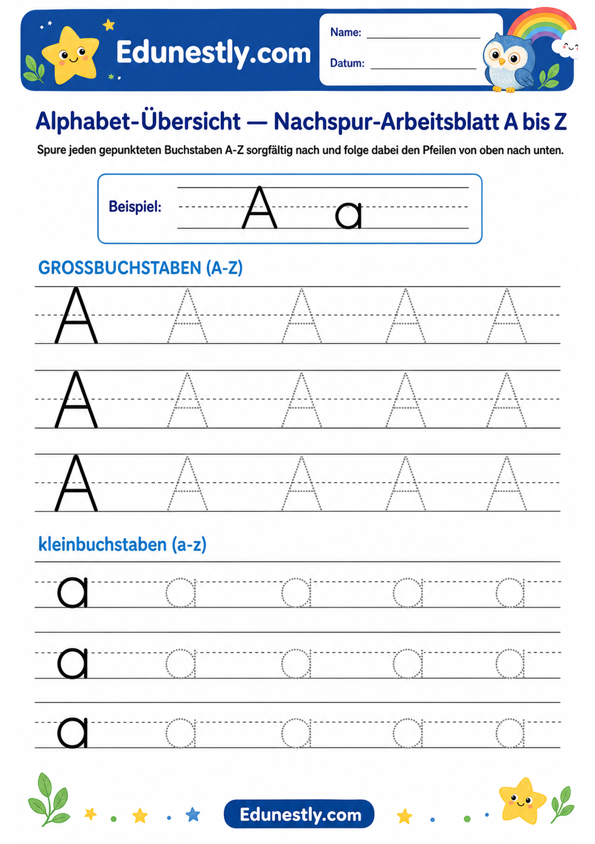 Alphabet-Übersicht — Nachspur-Arbeitsblatt A bis Z
