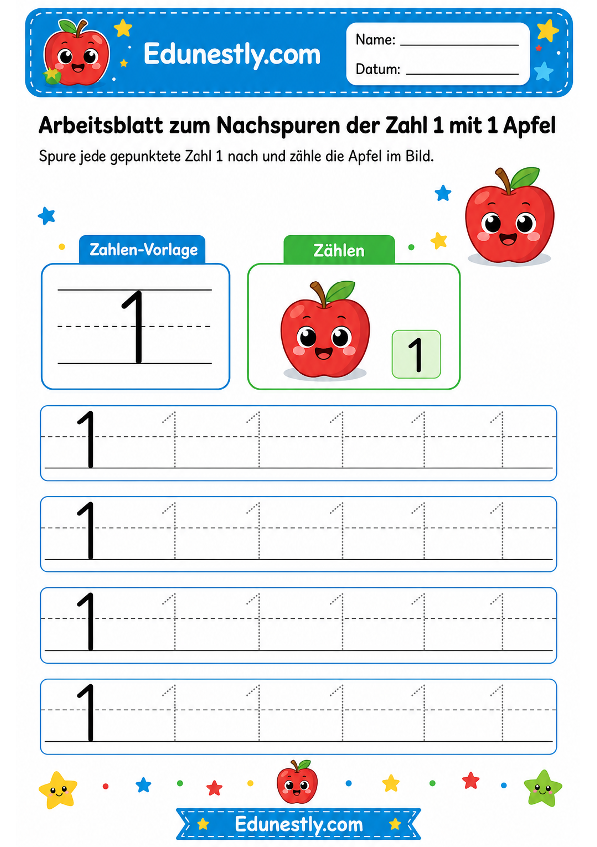 Arbeitsblatt zum Nachspuren der Zahl 1 mit 1 Apfel