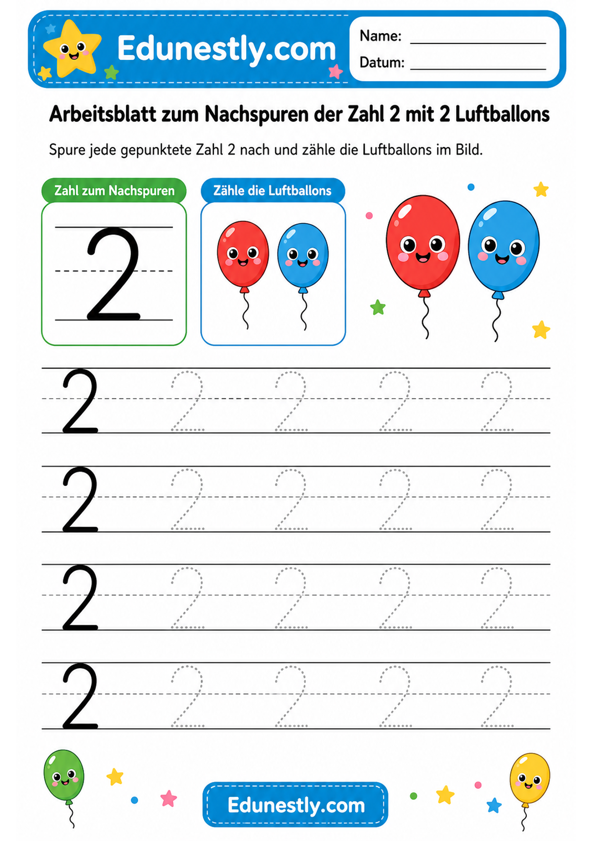 Arbeitsblatt zum Nachspuren der Zahl 2 mit 2 Luftballons
