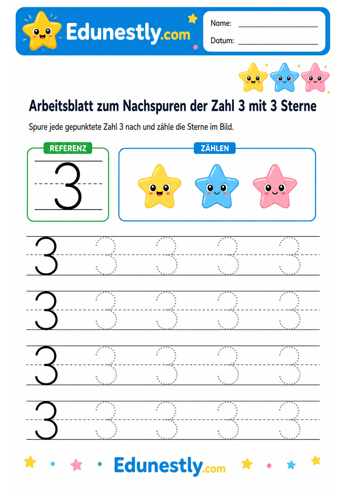 Arbeitsblatt zum Nachspuren der Zahl 3 mit 3 Sterne