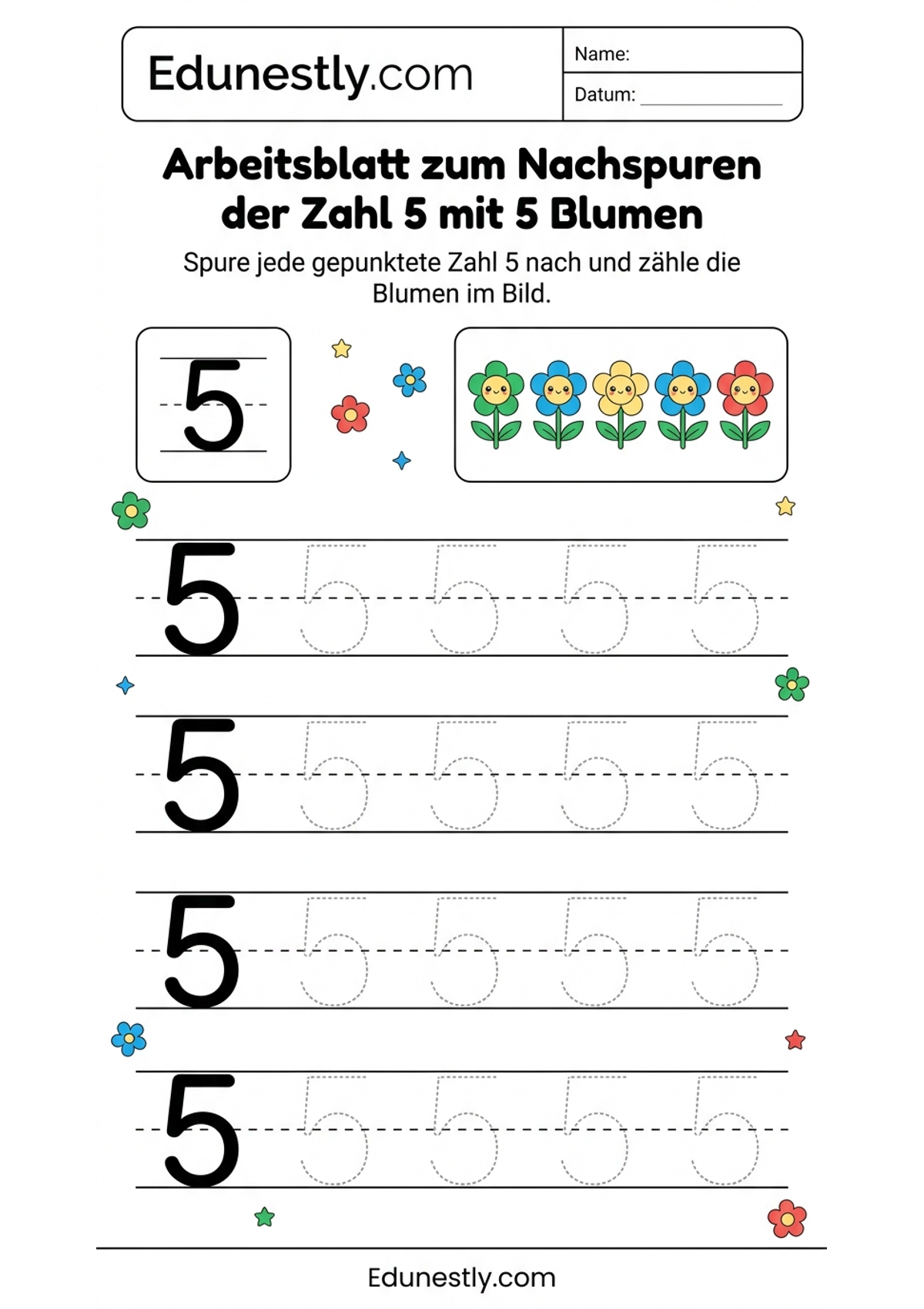 Arbeitsblatt zum Nachspuren der Zahl 5 mit 5 Blumen