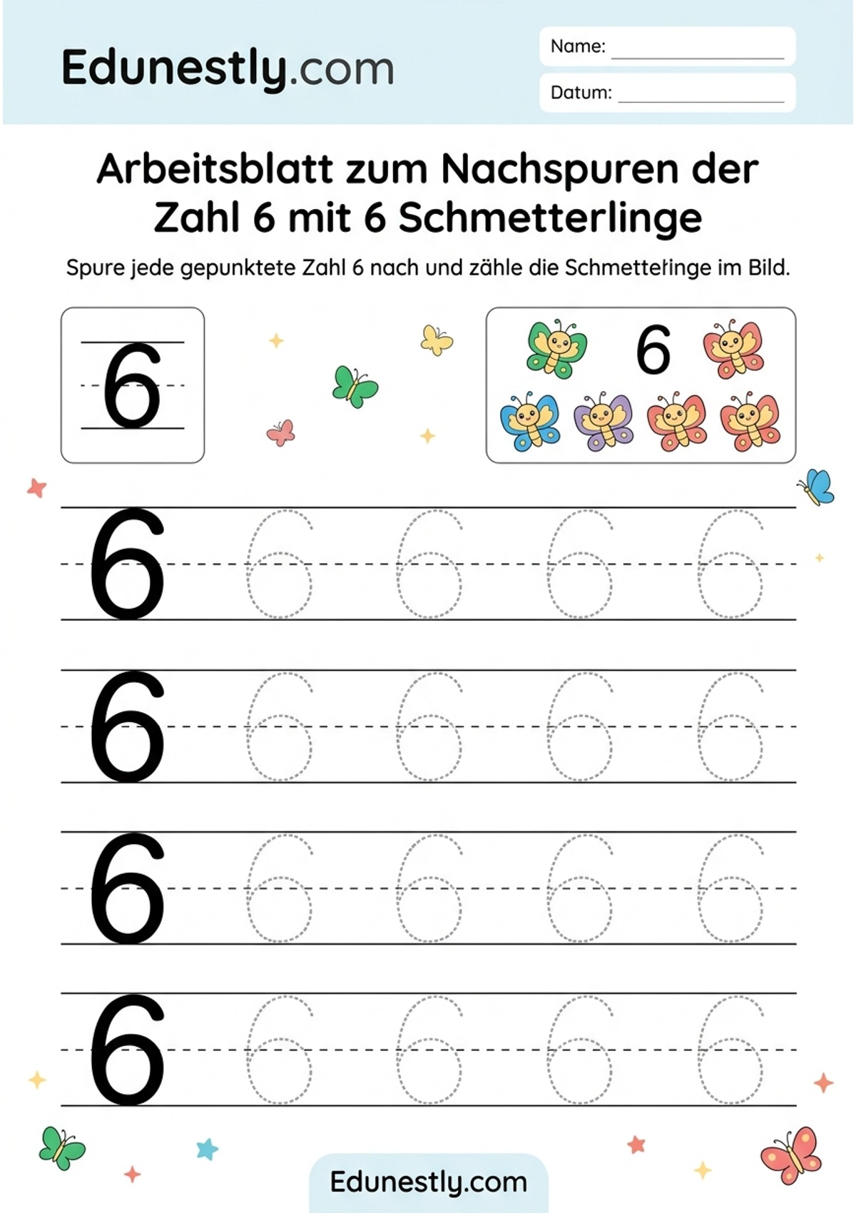 Arbeitsblatt zum Nachspuren der Zahl 6 mit 6 Schmetterlinge