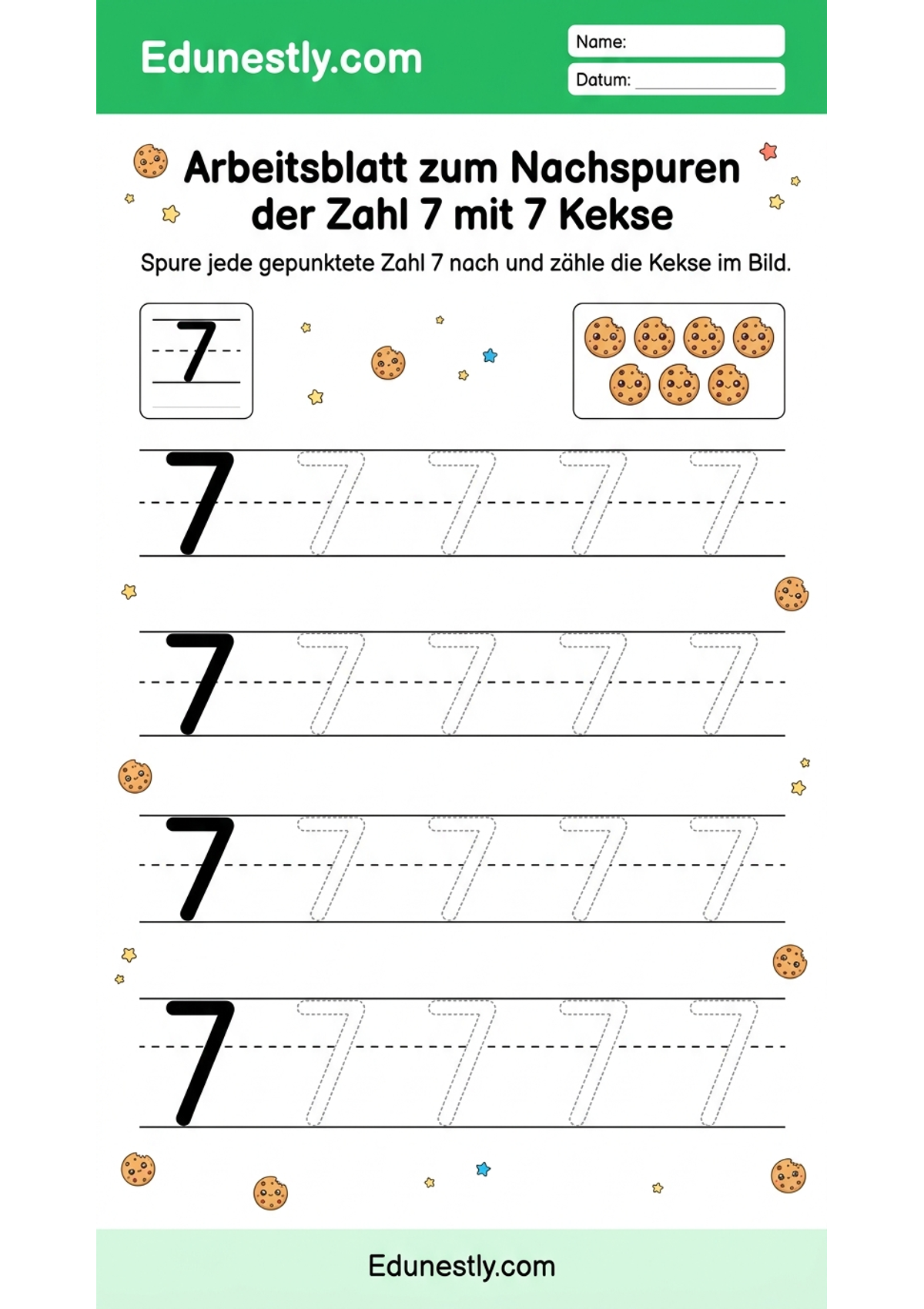 Arbeitsblatt zum Nachspuren der Zahl 7 mit 7 Kekse