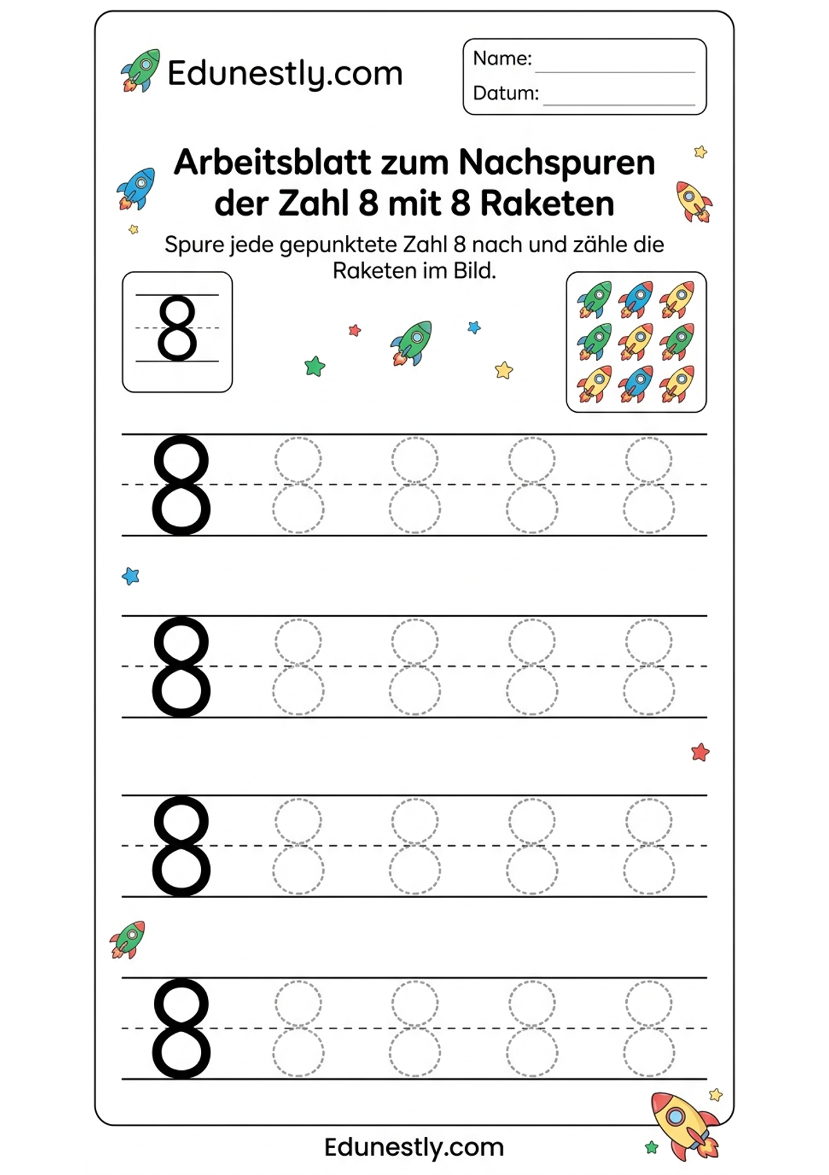 Arbeitsblatt zum Nachspuren der Zahl 8 mit 8 Raketen