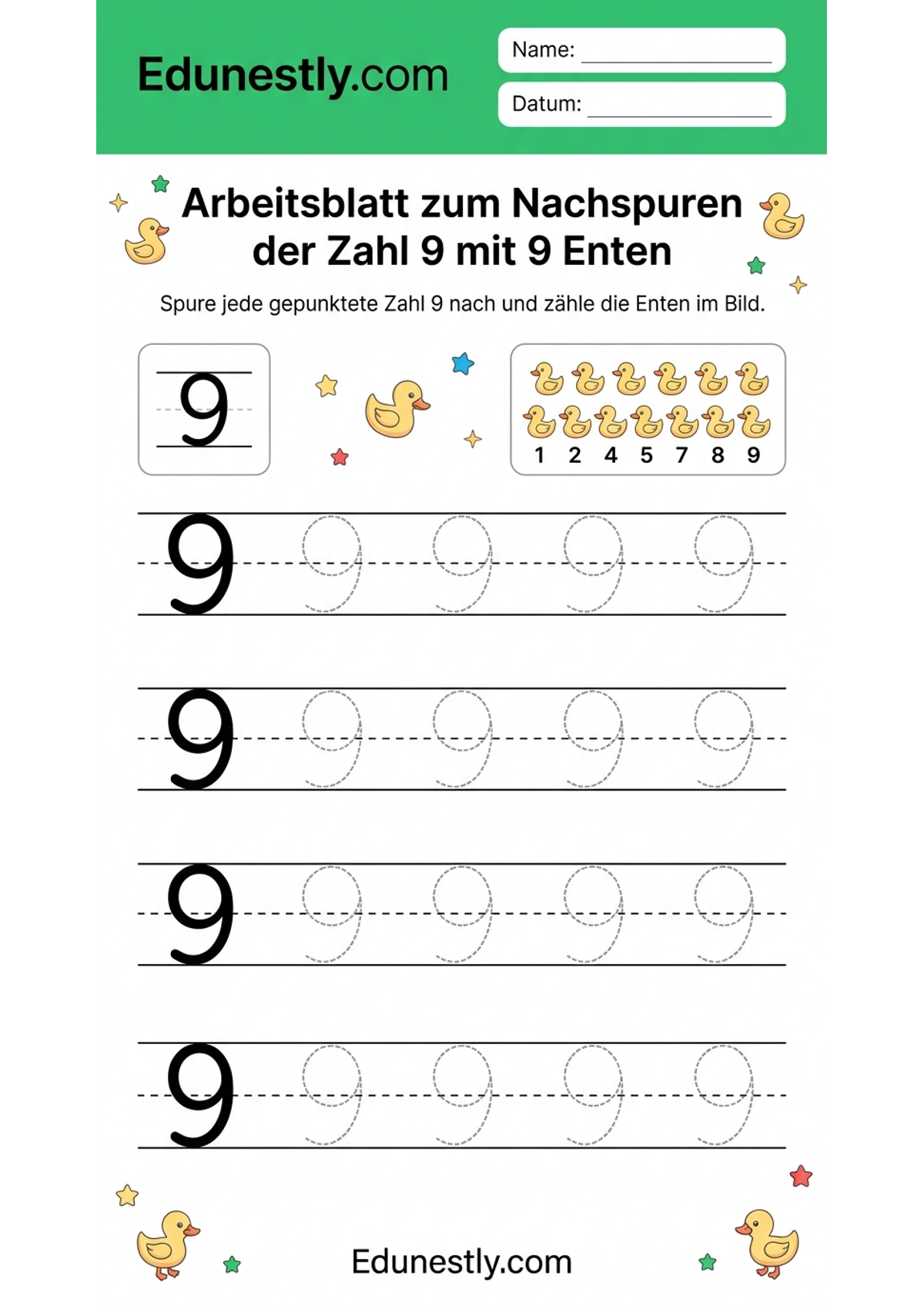 Arbeitsblatt zum Nachspuren der Zahl 9 mit 9 Enten