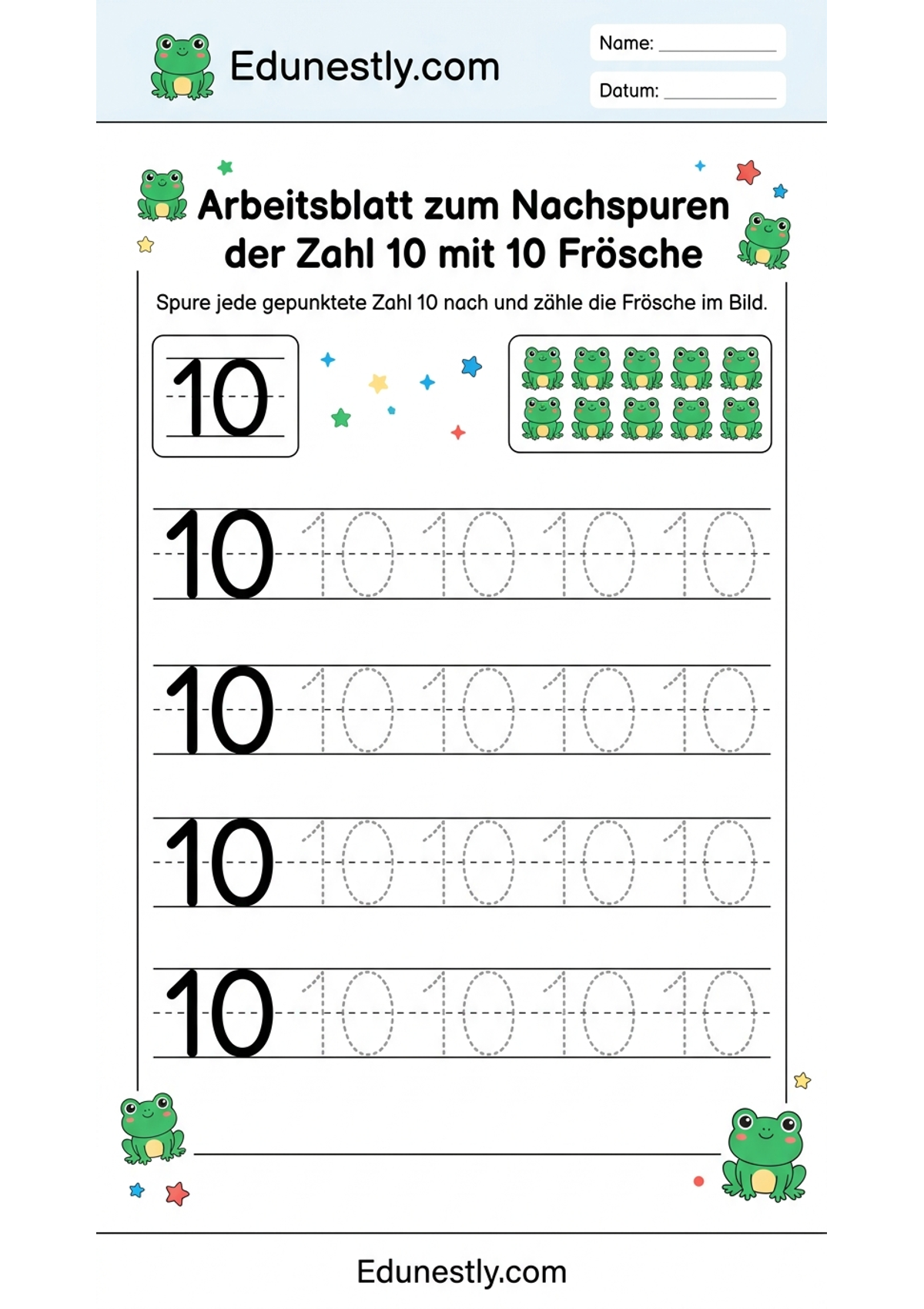 Arbeitsblatt zum Nachspuren der Zahl 10 mit 10 Frösche