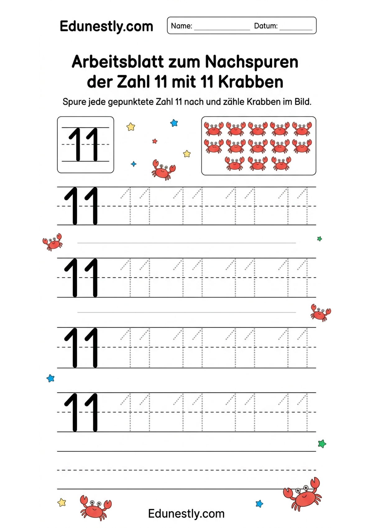 Arbeitsblatt zum Nachspuren der Zahl 11 mit 11 Krabben